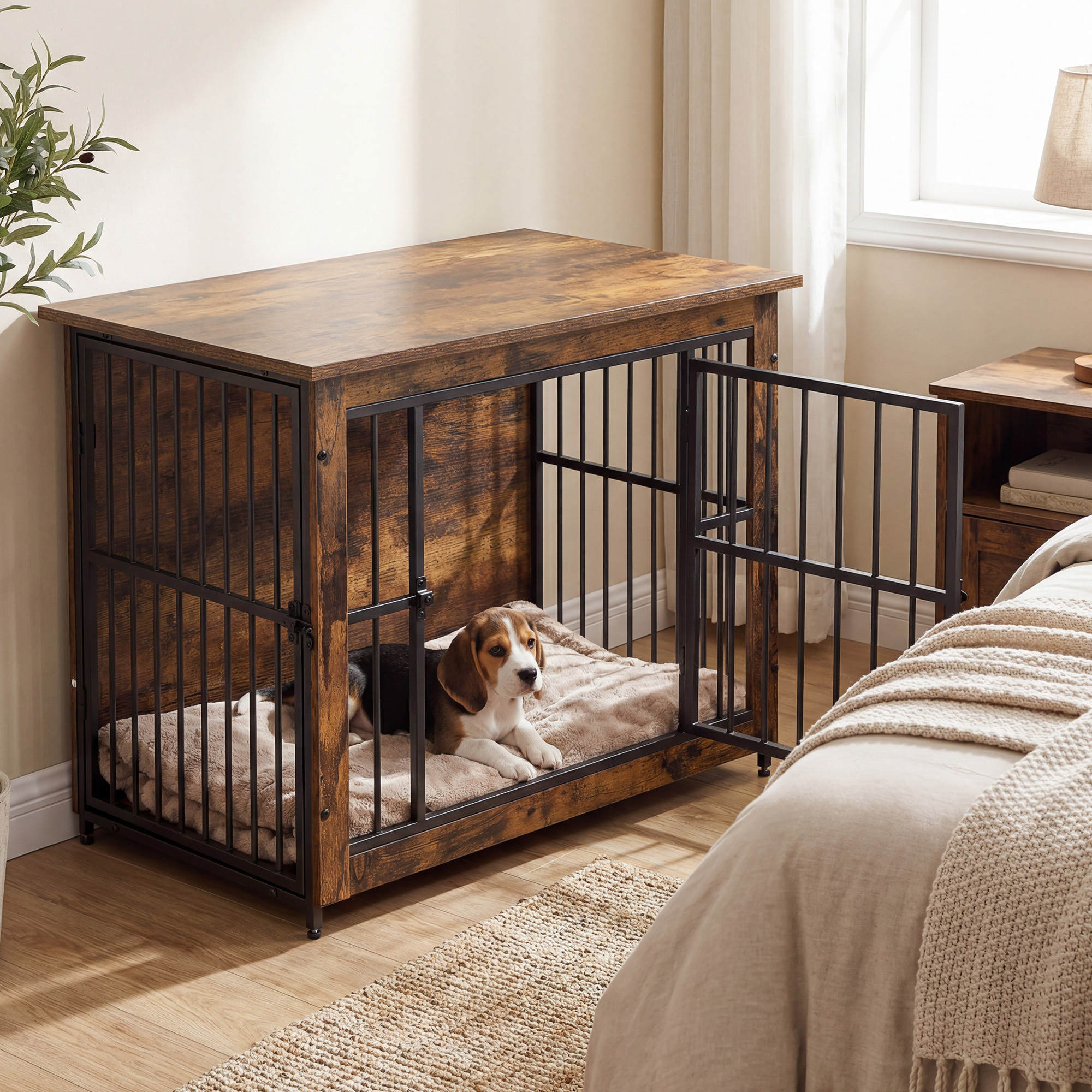 Indoor Dog Kennel, Sturdy Dog Crate, Dog Box With 2 Doors, 82 X 55 Cm, Brown