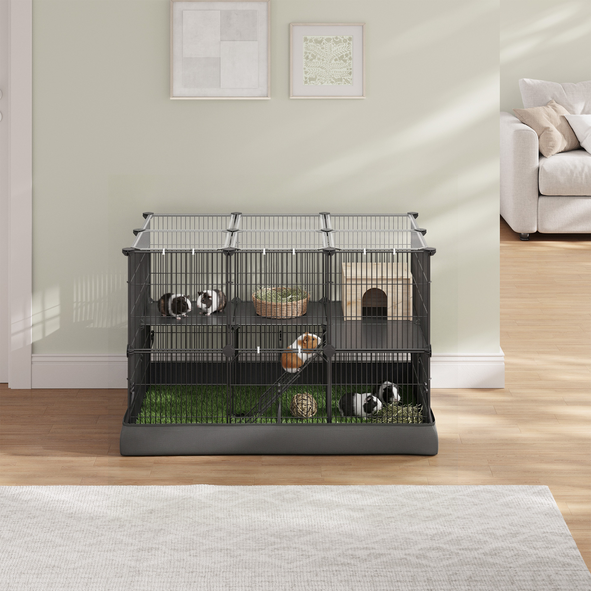 TEMU Cage à hamster à 2 Niveaux, Cage à Lapin, 35 Panneaux, Tapis Imperméable, Double Porte, Noir