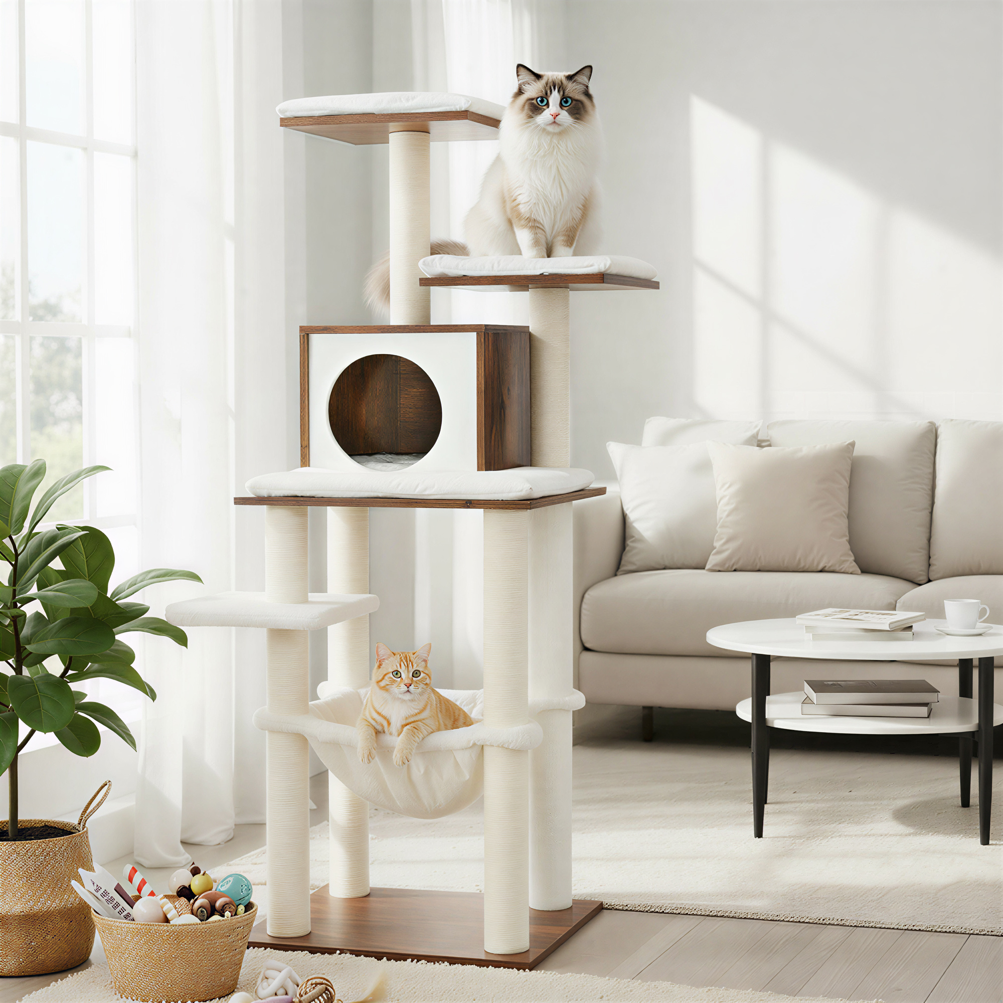 Scratch Tree, Cat Tree, Cat Scratch Tree, Modern, Multi-level, Soft Plush, Washable Cushions, Brown