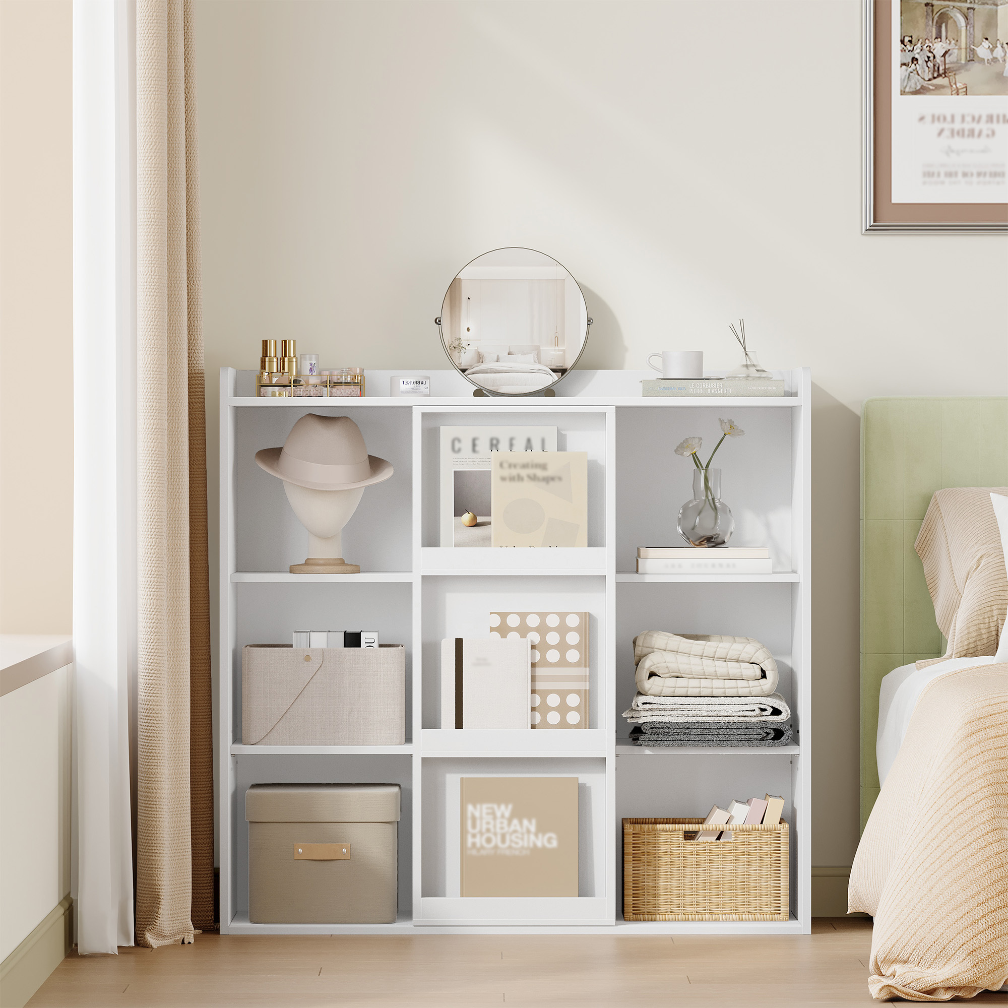 Image of Bookshelf, Bookcase With 9 Cubes, Floor-standing Shelf With Sliding Doors, Adjustable Panels, For Office Bedroom Living Room, White