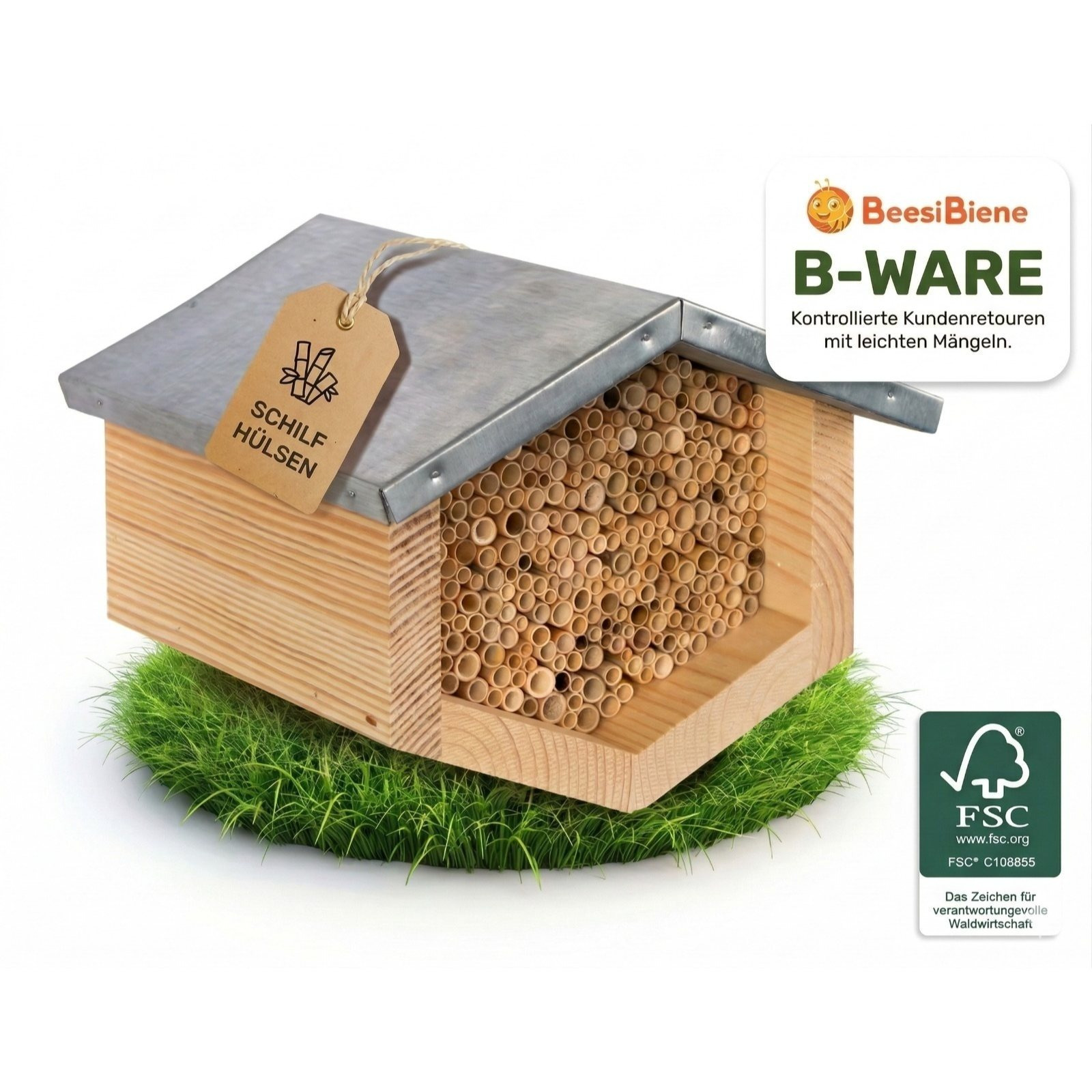E-shop BEESI Insektenhotel B-Ware Bienenhotel mit Metalldach Schilfröhrchen Nistkasten Garten Balkon Wetterfest für Wildbienen