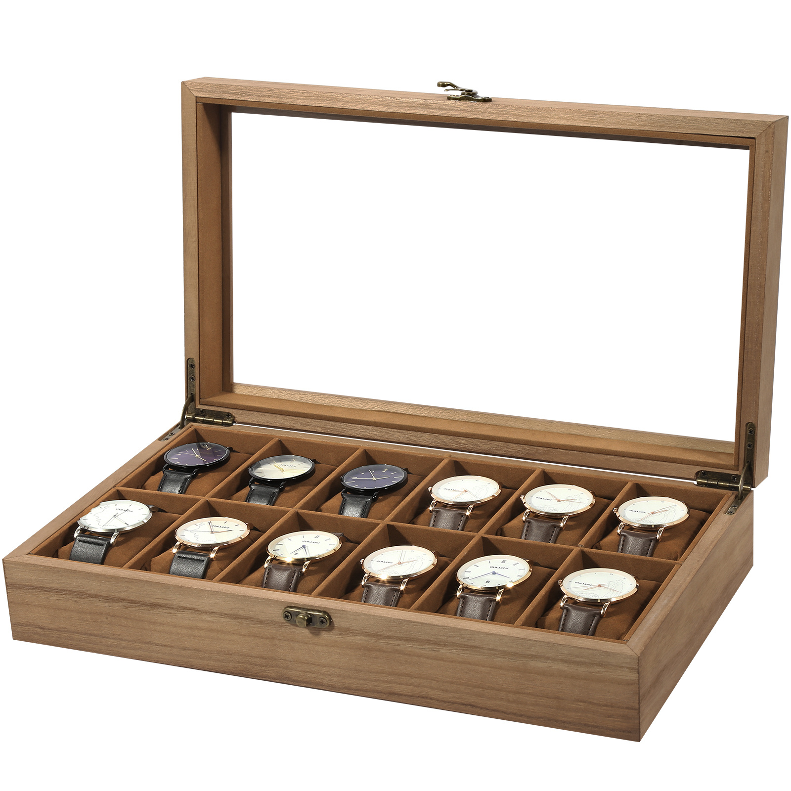 Image of Watch Box With 12 Compartments, Made Of Solid Wood, With Glass Lid, Watch Case, Watch Cushion, Gift For Your , Walnut-colored