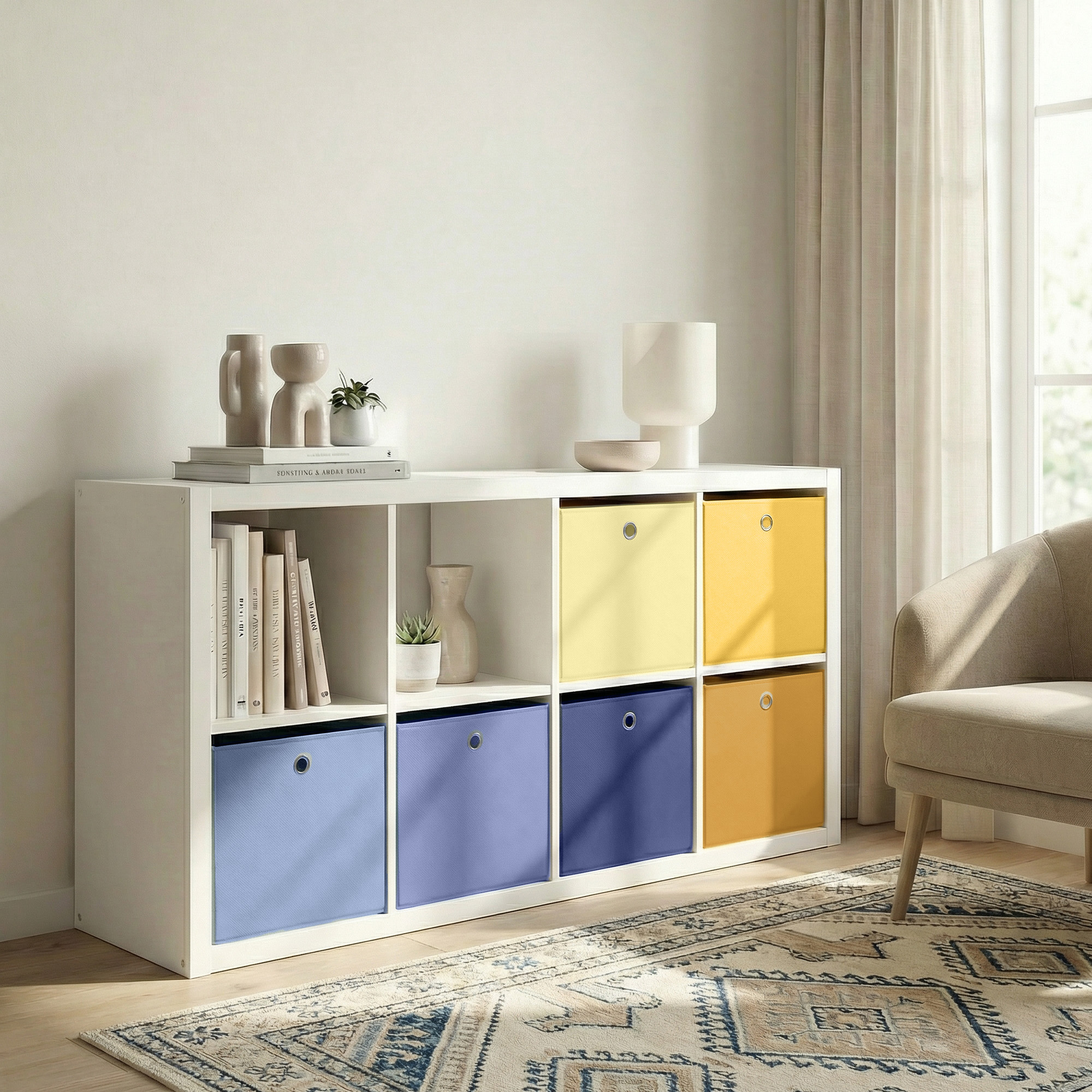 E-shop Set aus sechs Aufbewahrungsboxen, geruchsneutrale, faltbare Aufbewahrungsboxen, Stoffmaterial, Maße 30 x 30 x 30 cm, farbenfrohe