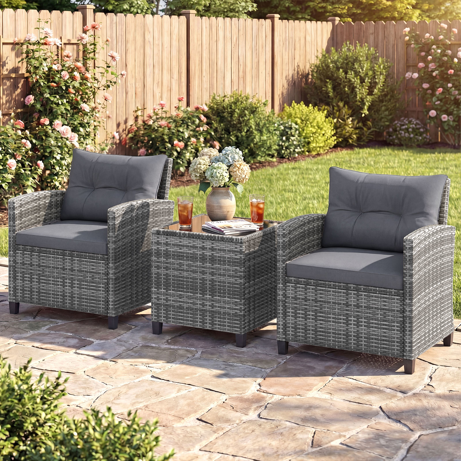Image of 3pcs Patio Furniture Set, Pe Rattan Wicker Porch Chairs With Tempered Glass Table, Soft Back And Seat Cushions