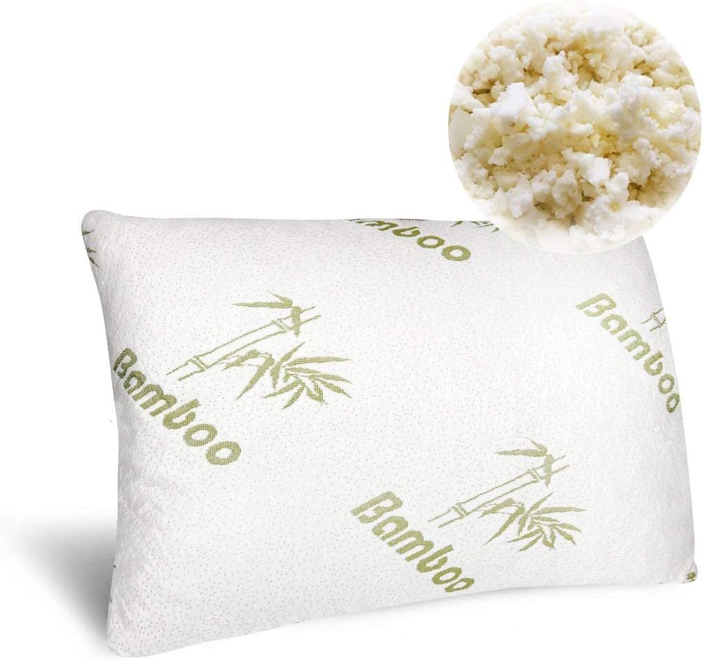 White Bamboo Shredded Memory Foam Pillow – Cooling Bamboo Cover, Adjustable Firm Neck Bed Pillow for Side, Back & Stomach Sleepers