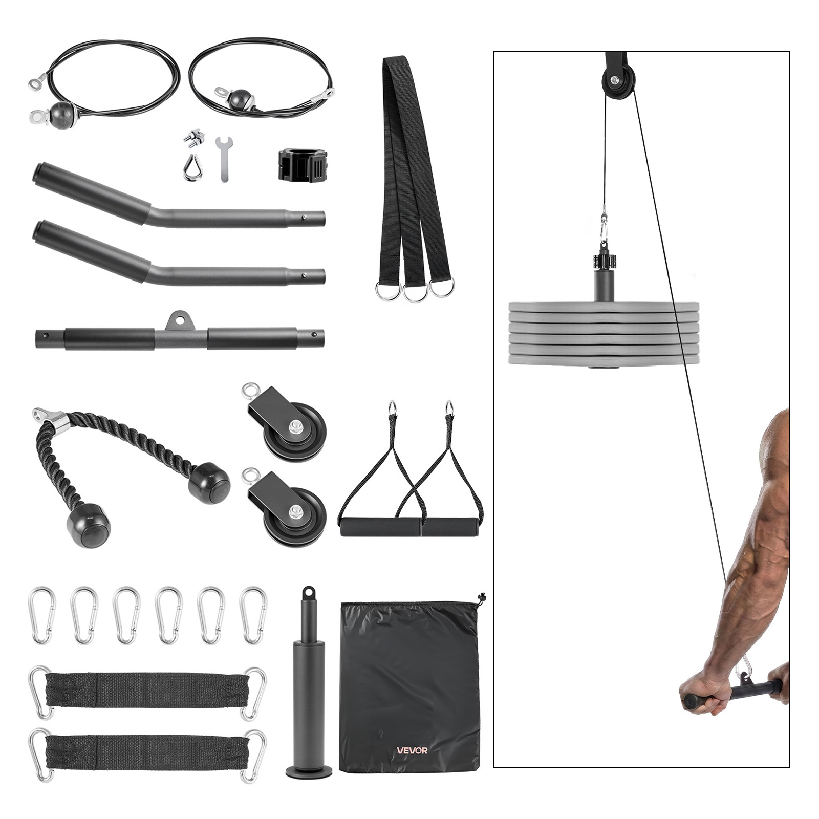 Image of Vevor Pulley System, 2 Pcs Lat And Lift Pulley System, Gym Rack Pulleys Attachment With 2 Steel Cables, Short Bar, Handles, Cable Machine For Bicep, Shoulder, Back, Up To 150 Kg Capacity