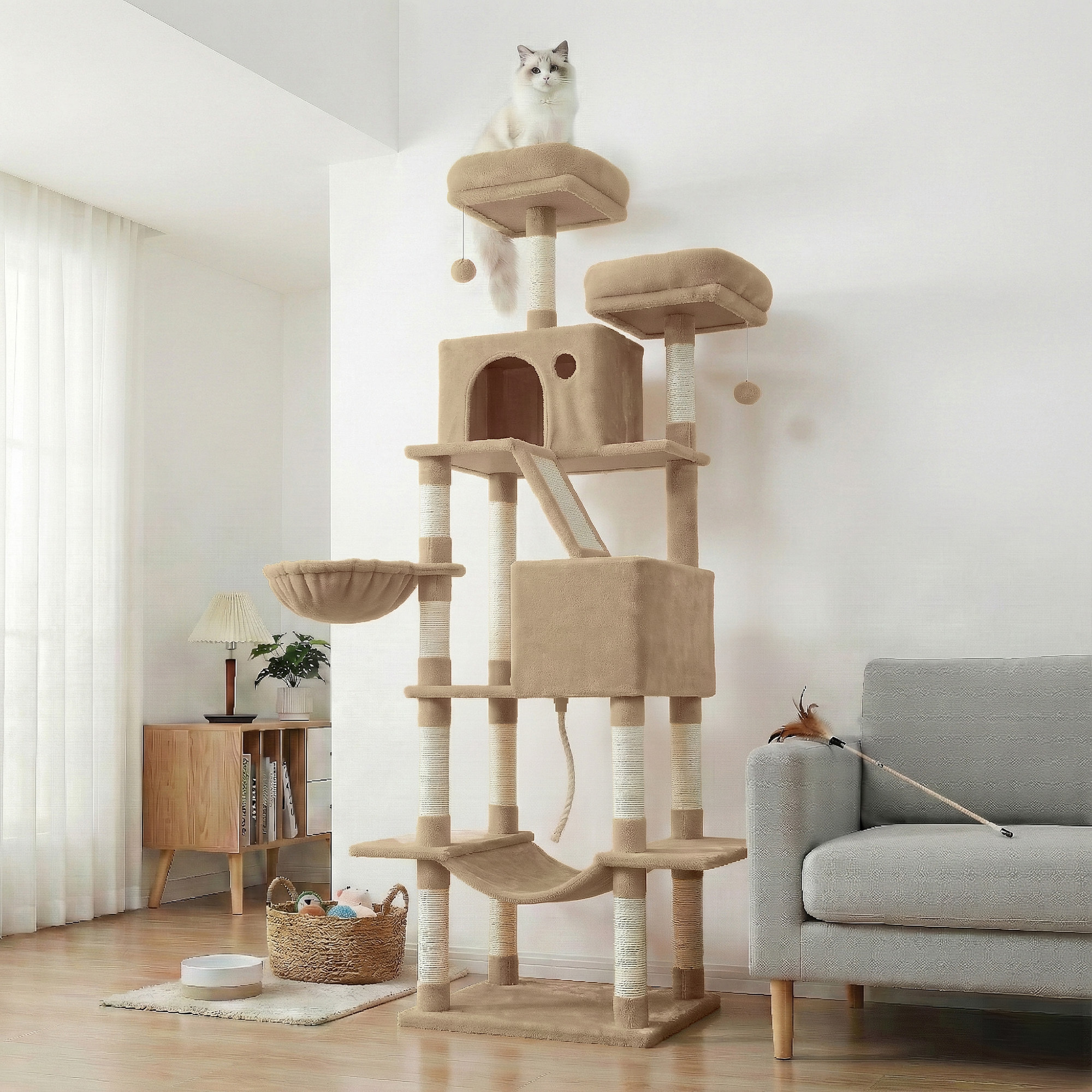TEMU Xxl Climbing Tower 206 Cm High With A Protection, Scratching Post Tree With 13 Scratching Columns, 2 Platforms, 2 Caves, Basket, Hammock, Plush