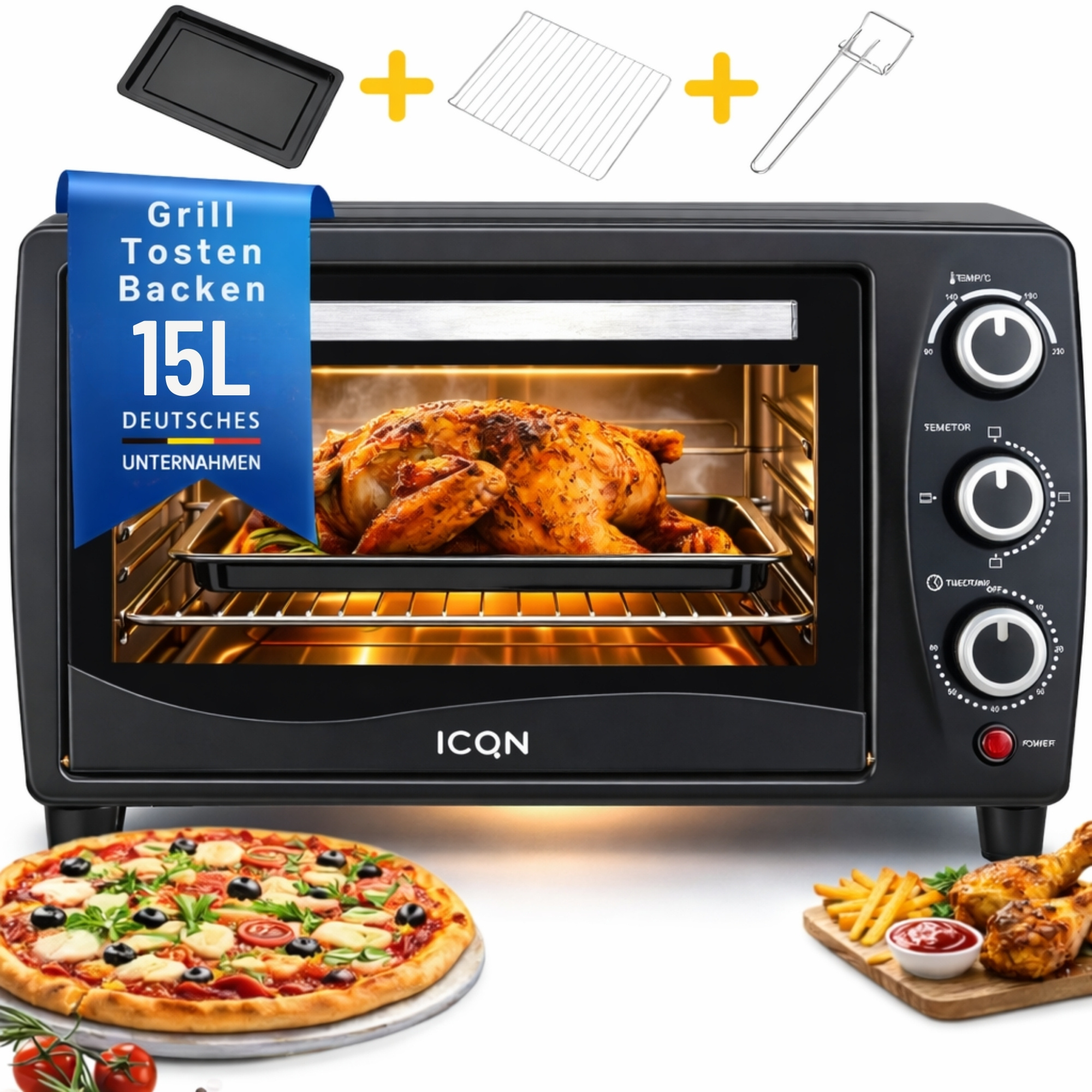 E-shop 15L Mini Backofen mit Timer – Tragbarer 1200W Backofen für Zuhause & Camping, 3 Funktionen, Temperaturregelung bis 230°C
