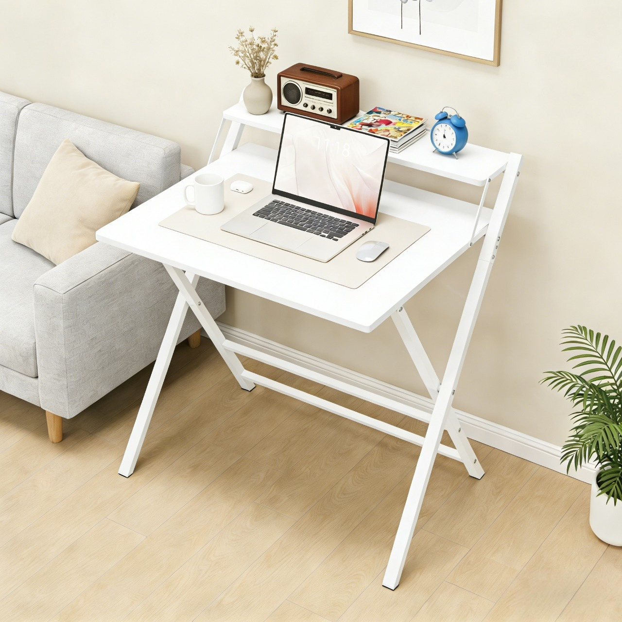   2 tier foldable computer desk with monitor shelf portable laptop table for home office dorm small space modern compact pc desk black white wood rustic brown