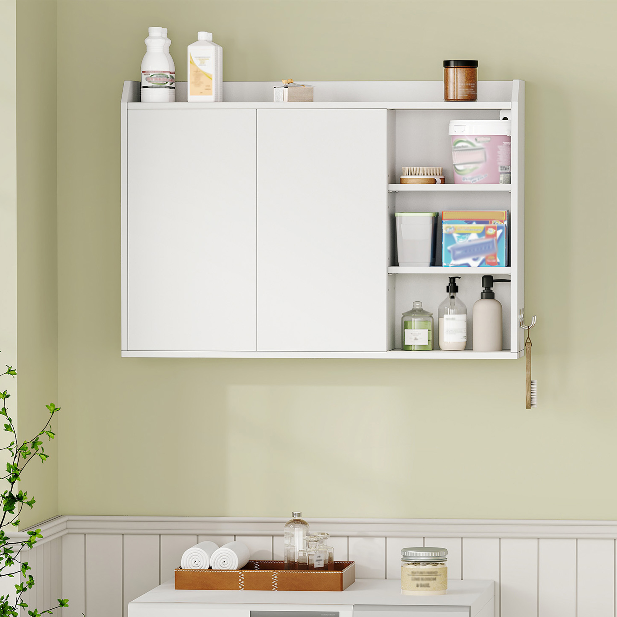 Wall Cabinet With Adjustable Shelves, Sliding Doors, And Open Shelves, Bathroom Cabinet, Kitchen Cabinet, 20 X Cm, White