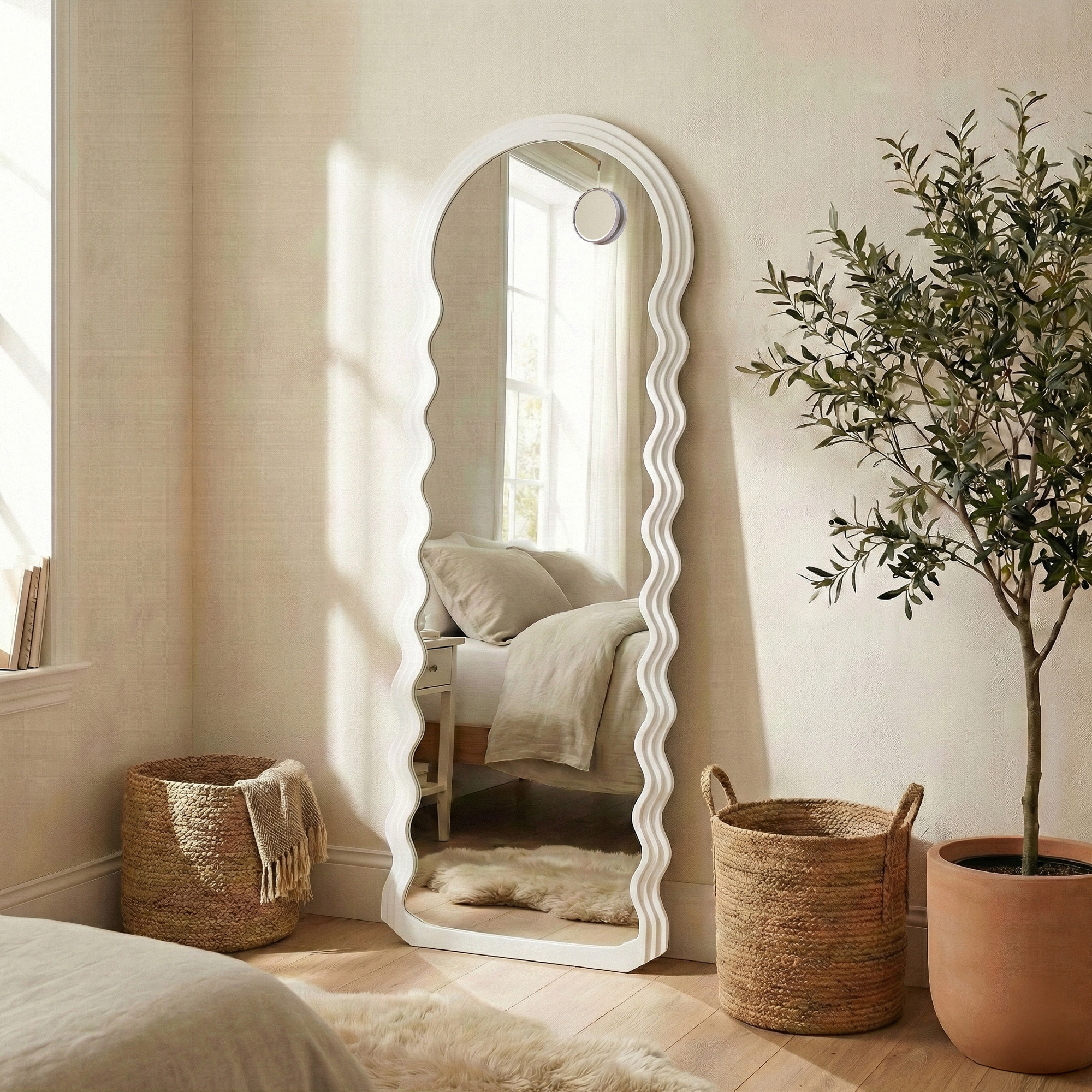 Wavy Floor Mirror, Full-body Mirror With Magnifying Mirror, For Living Room, Bedroom, Hallway, White