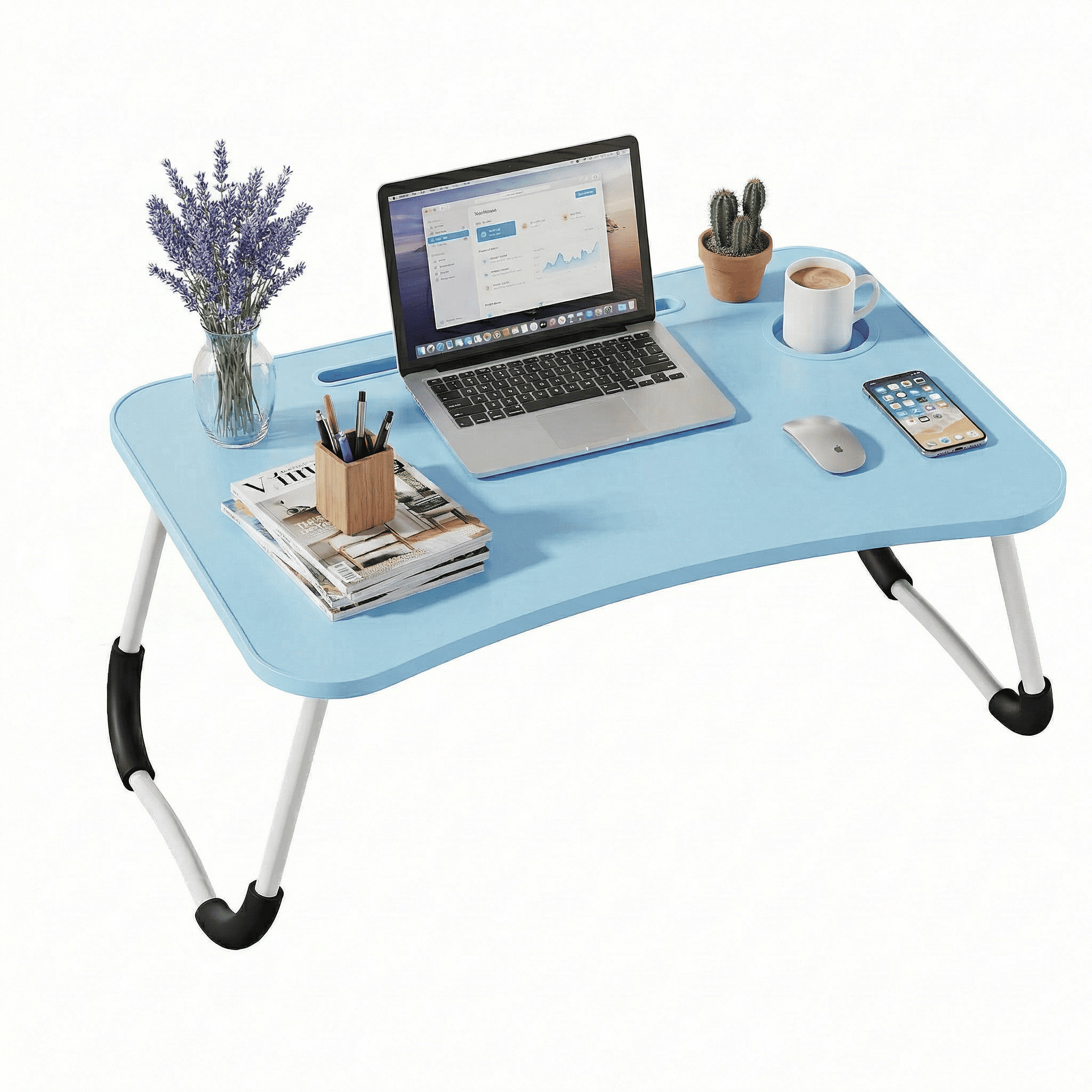 TEMU Mesa plegable para cama y sofá con portavasos, mesa auxiliar multifunción con atril para leer en la cama, bandeja multifunción para ordenador,