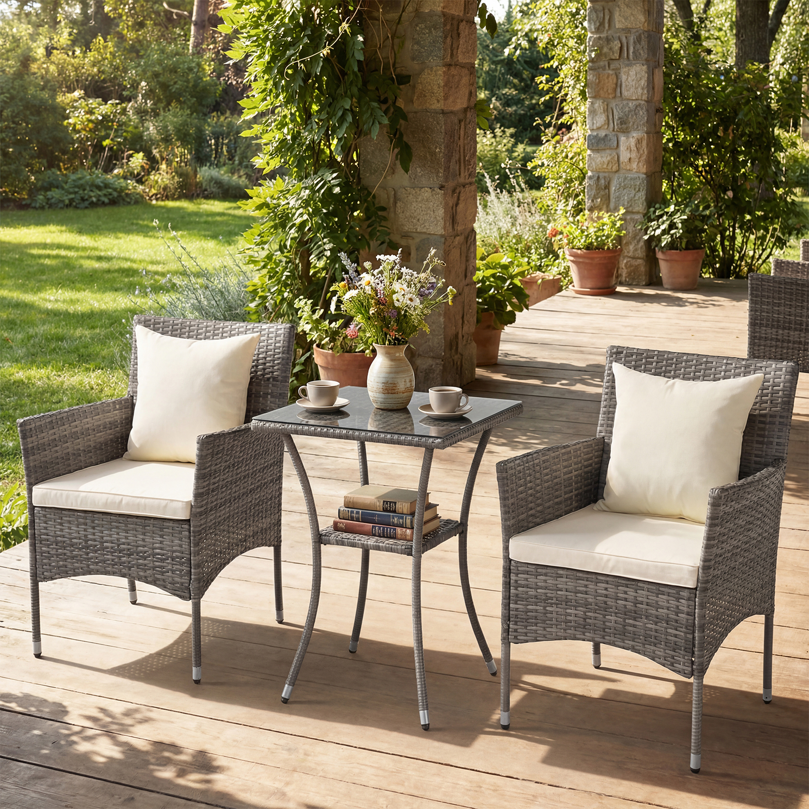 Image of 3 Piece Patio Furniture Set, Rattan Bistro Chairs With 2 Tier Tempered Glass Side Table, Soft Cushions, Outdoor Wicker Set
