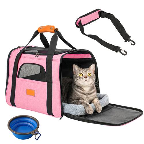 portable bag top opening removable mat and breathable mesh foldable transport carrier for dogs and cats with shoulder strap and pet bowl