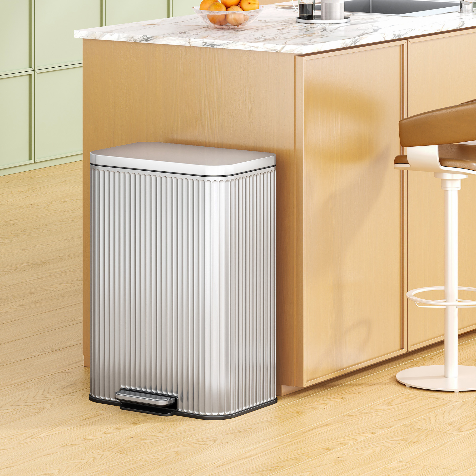 Image of Hzuaneri Kitchen Trash Can, 50 Liter Step-on Trash Can With Removable Inner Bin, Vertical , Trash Can With Lid And 15 Trash Bags, Stainless Steel, Silver/black