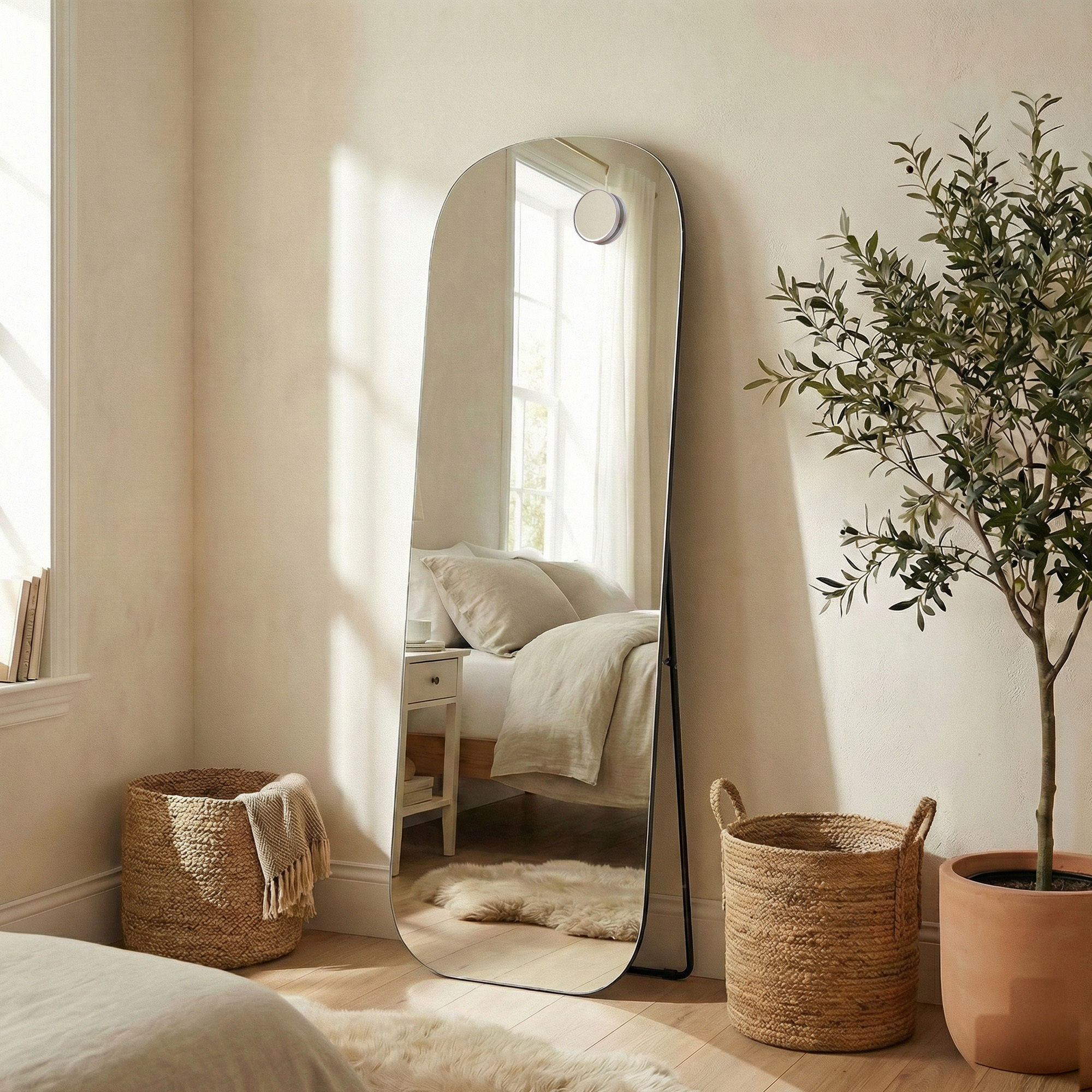 Image of Full-length Mirror With Magnifying Mirror, Safety Glass, With Rounded Corners, 160 X 50 Cm, Black