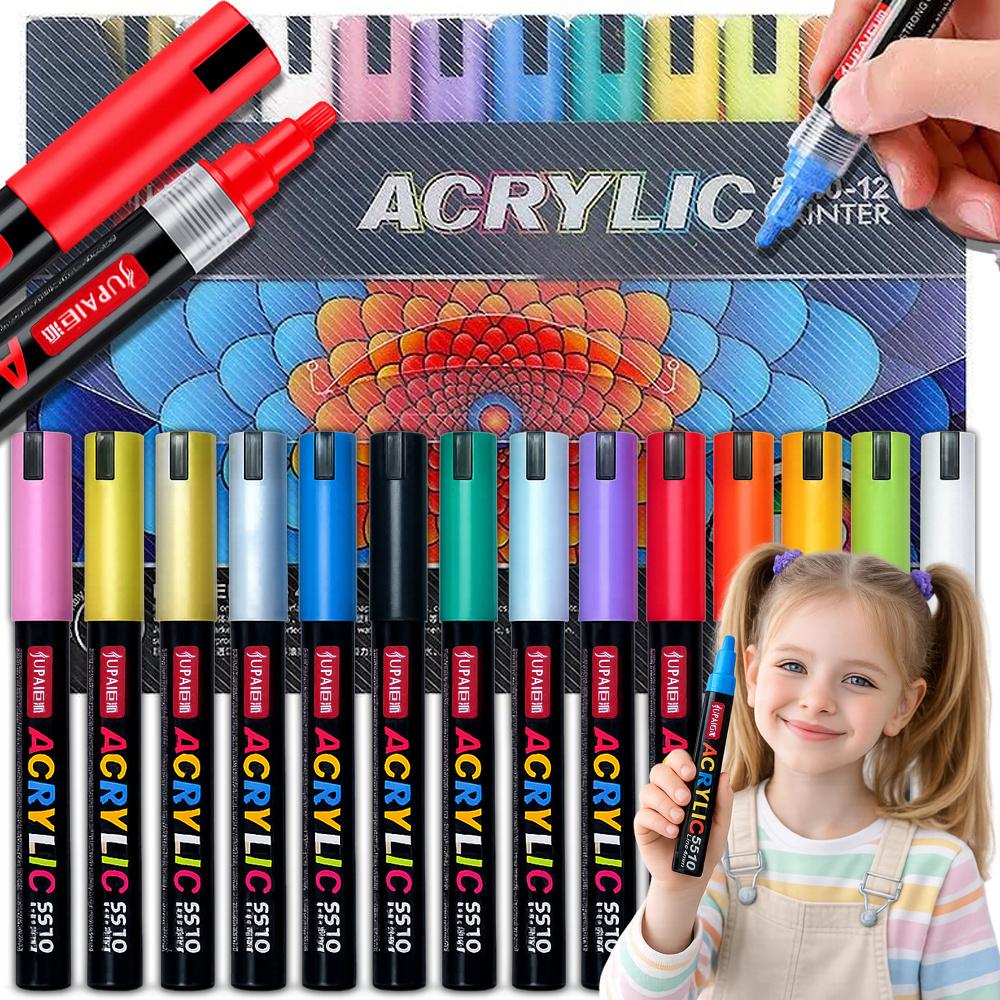 TEMU Ensemble de marqueurs acryliques de 12 pièces, marqueurs de peinture pour le dessin, la peinture et la décoration, marqueurs acryliques