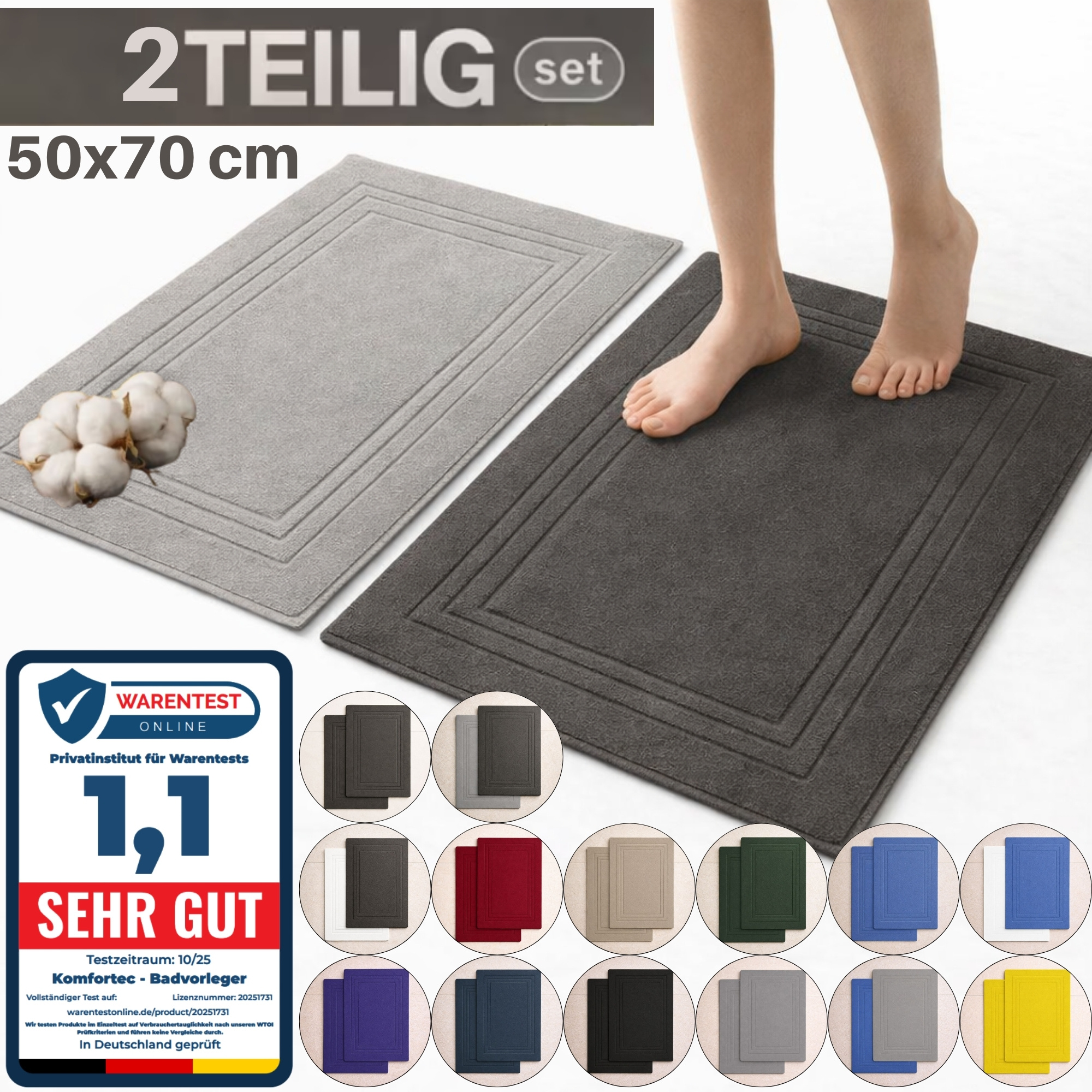 E-shop 2er Set Badvorleger 50x70 cm aus 100% Baumwolle – Frottee Duschmatten, 600 g/m², Saugstark & Schnelltrocknend, Waschbar