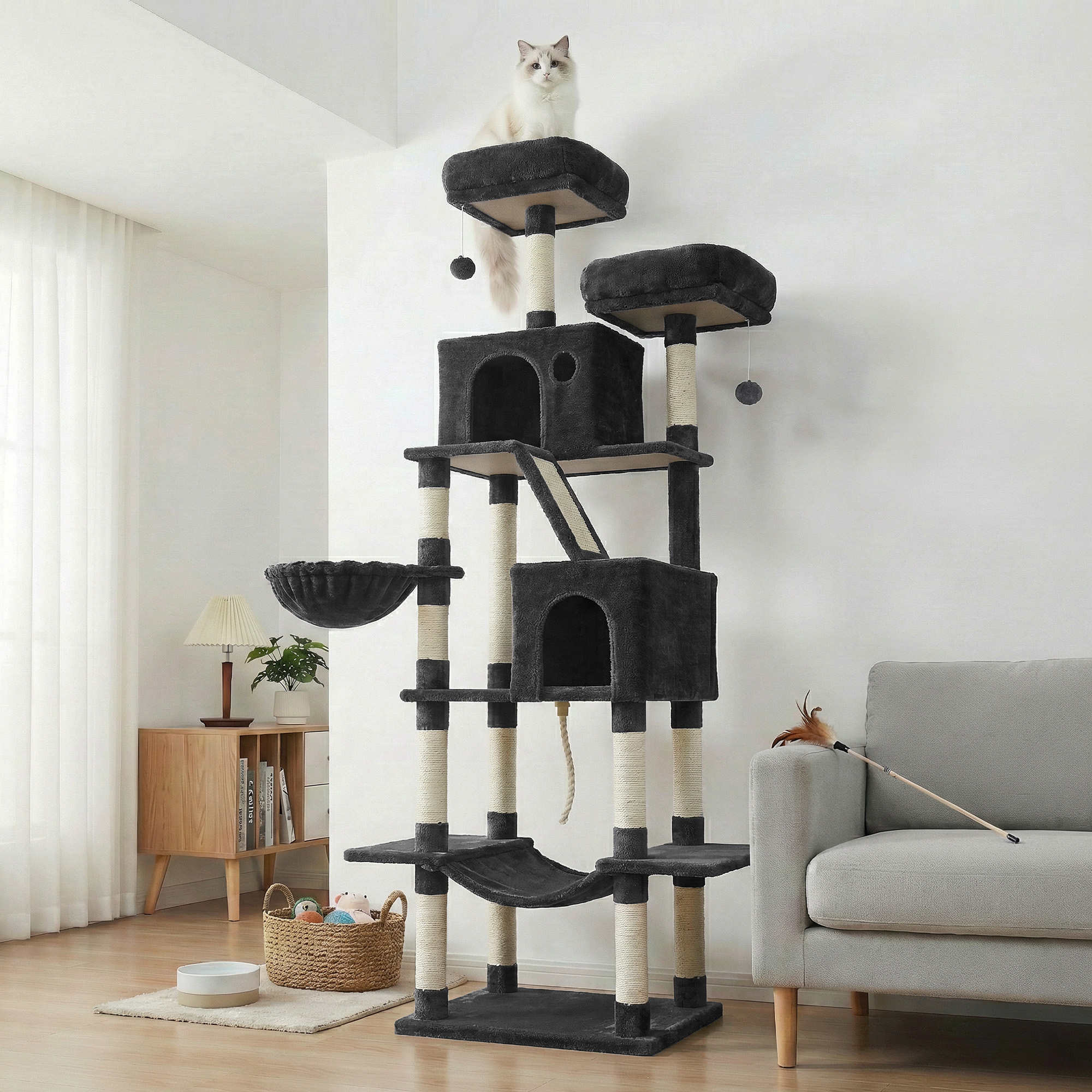 TEMU Xxl Climbing Tower 206 Cm High With A Protection, Scratching Post Tree With 13 Scratching Columns, 2 Platforms, 2 Caves, Basket, Hammock, Plush