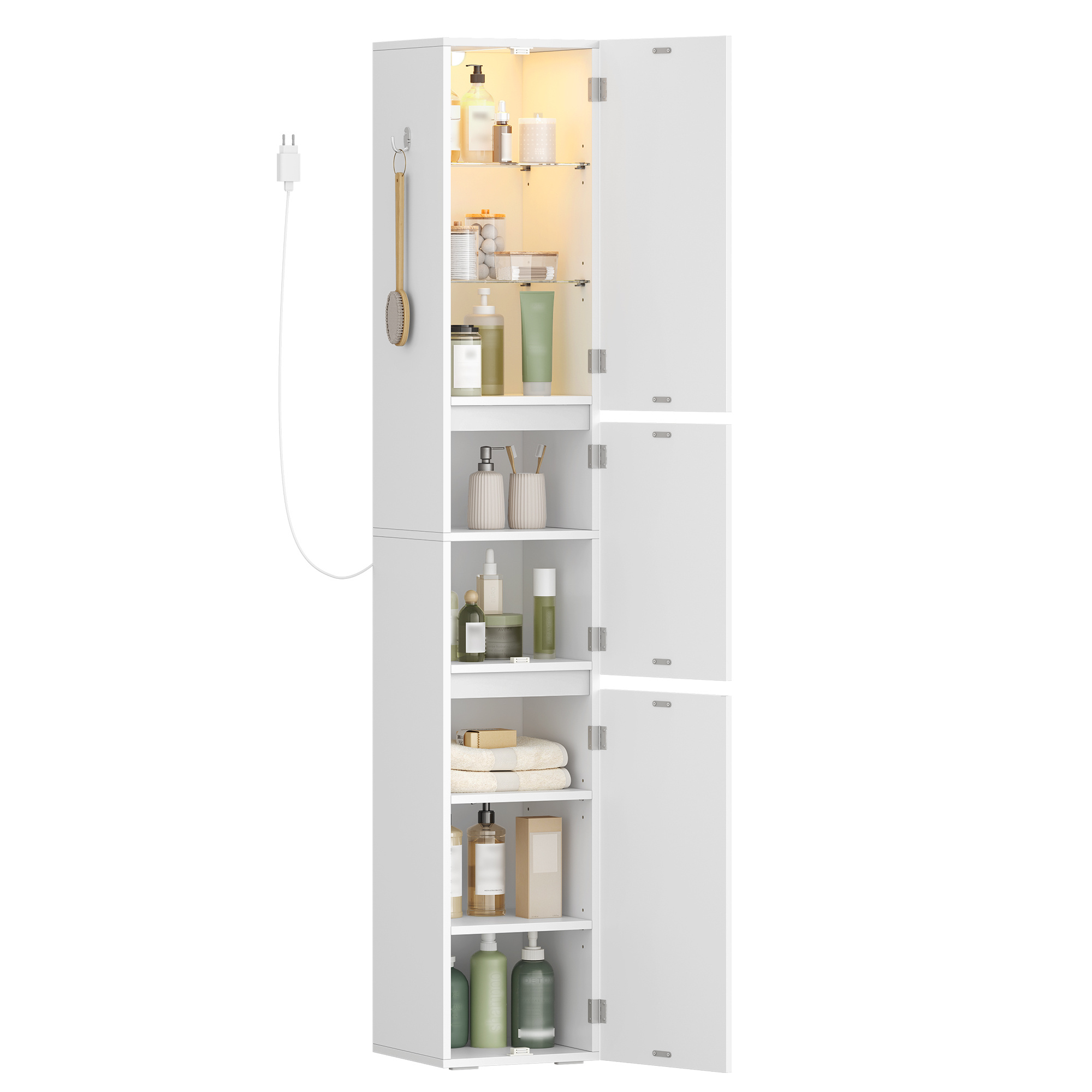 TEMU Armario de Baño con Iluminación, Mueble de Almacenamiento, Mueble de Almacenamiento con Estantes de Cristal Ajustables, Reversibles, Adecuado