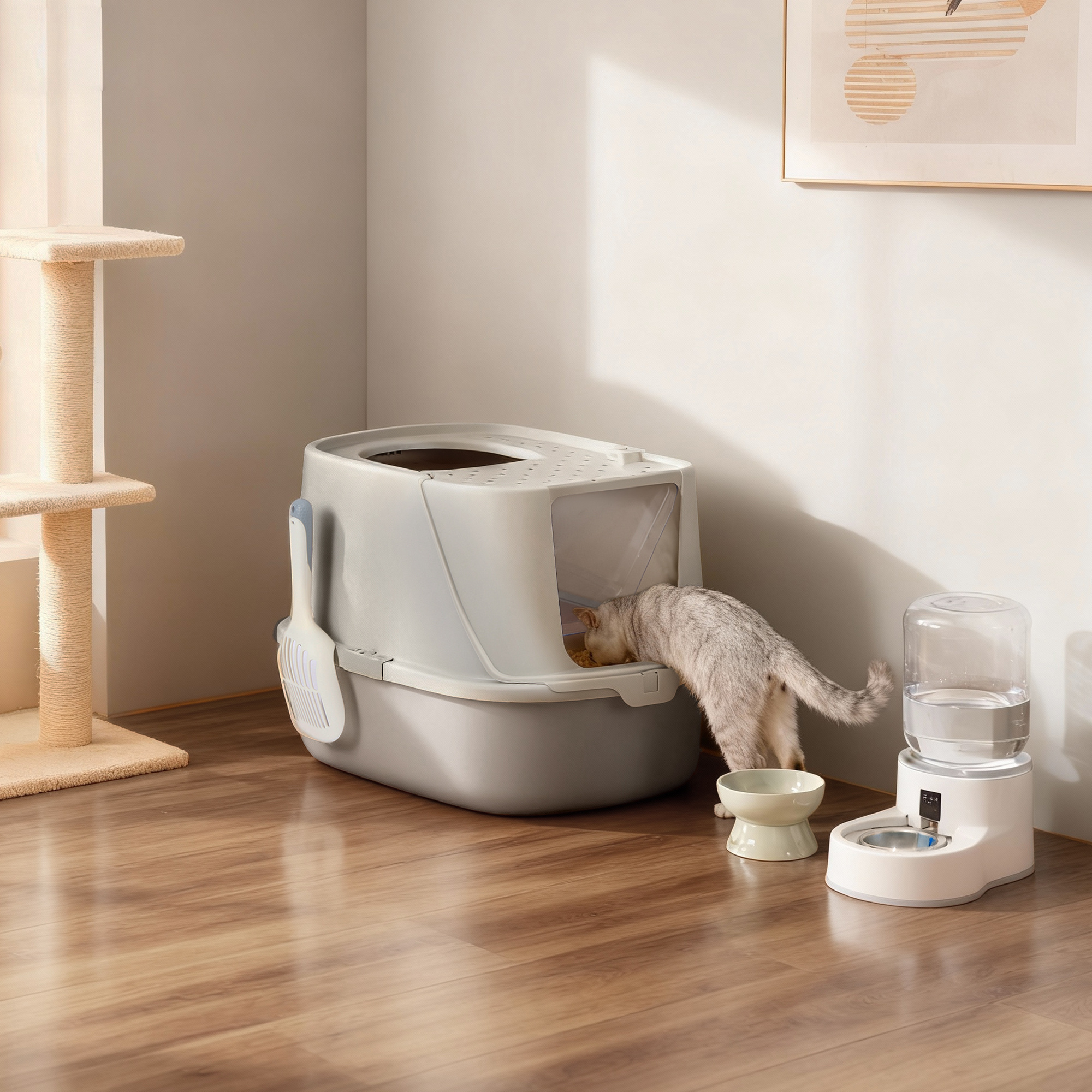 Image of Xxl Cat Litter Box, Complete With Scoop And Brush, With Covered Litter Tray, Suitable For Cats Weighing Up To 15