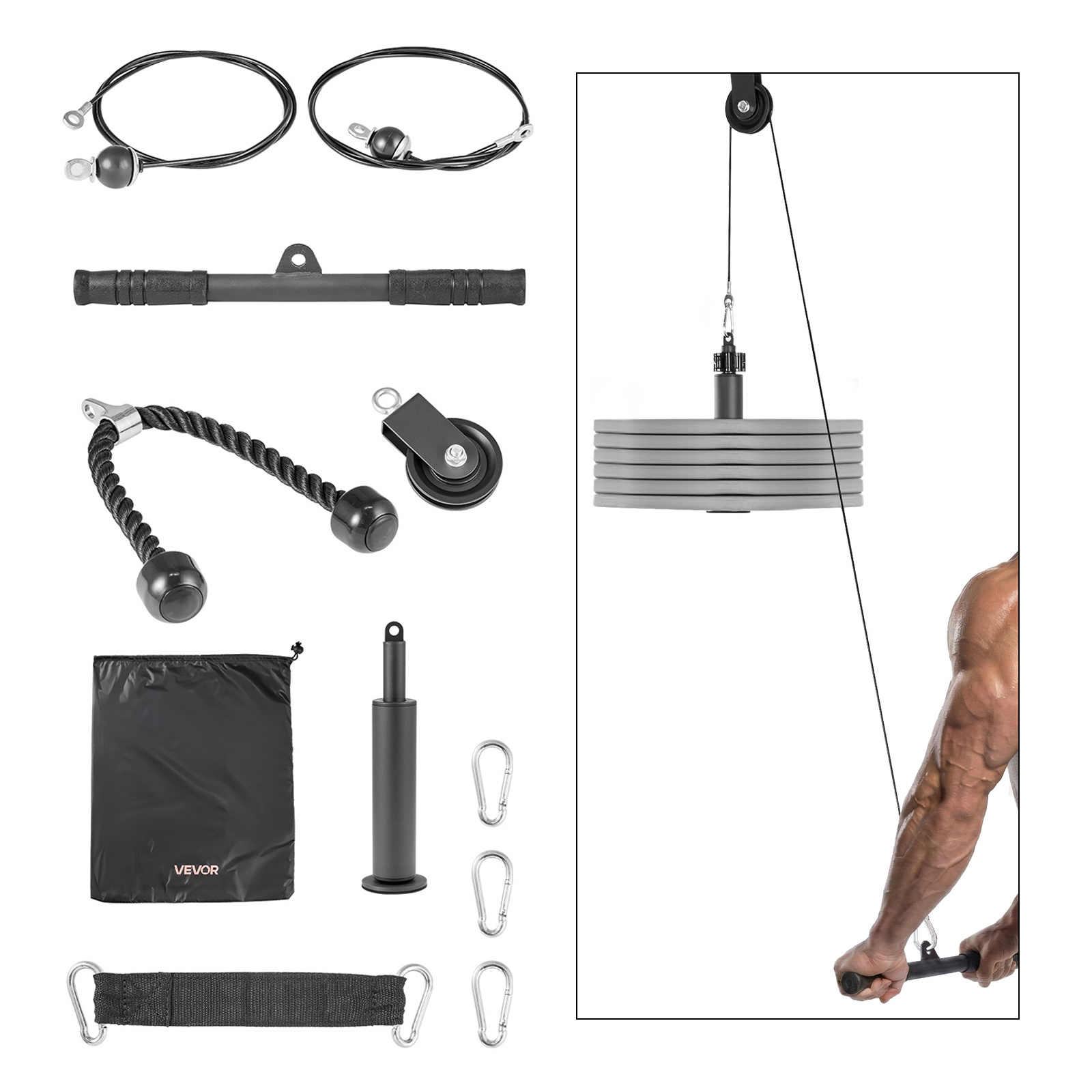 Image of Vevor Pulley System, 1 Pc Lat And Lift Pulley System, Gym Rack Pulleys Attachment With 2 Steel Cables, Short Bar, Handles, Cable Machine For Bicep, Shoulder, Back, Up To 127 Kg Capacity