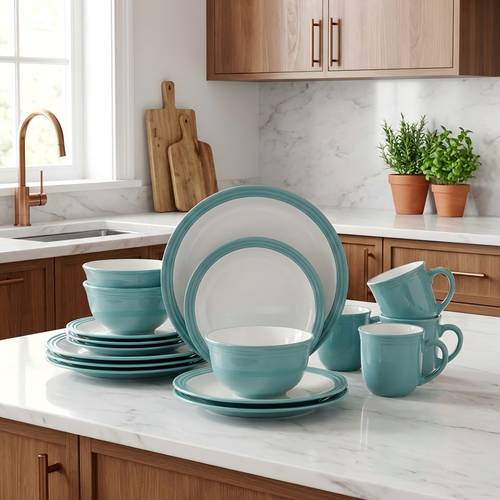 discount 16pcs teal embossed stoneware dinner set 4 dinner plates deep bowls and mugs