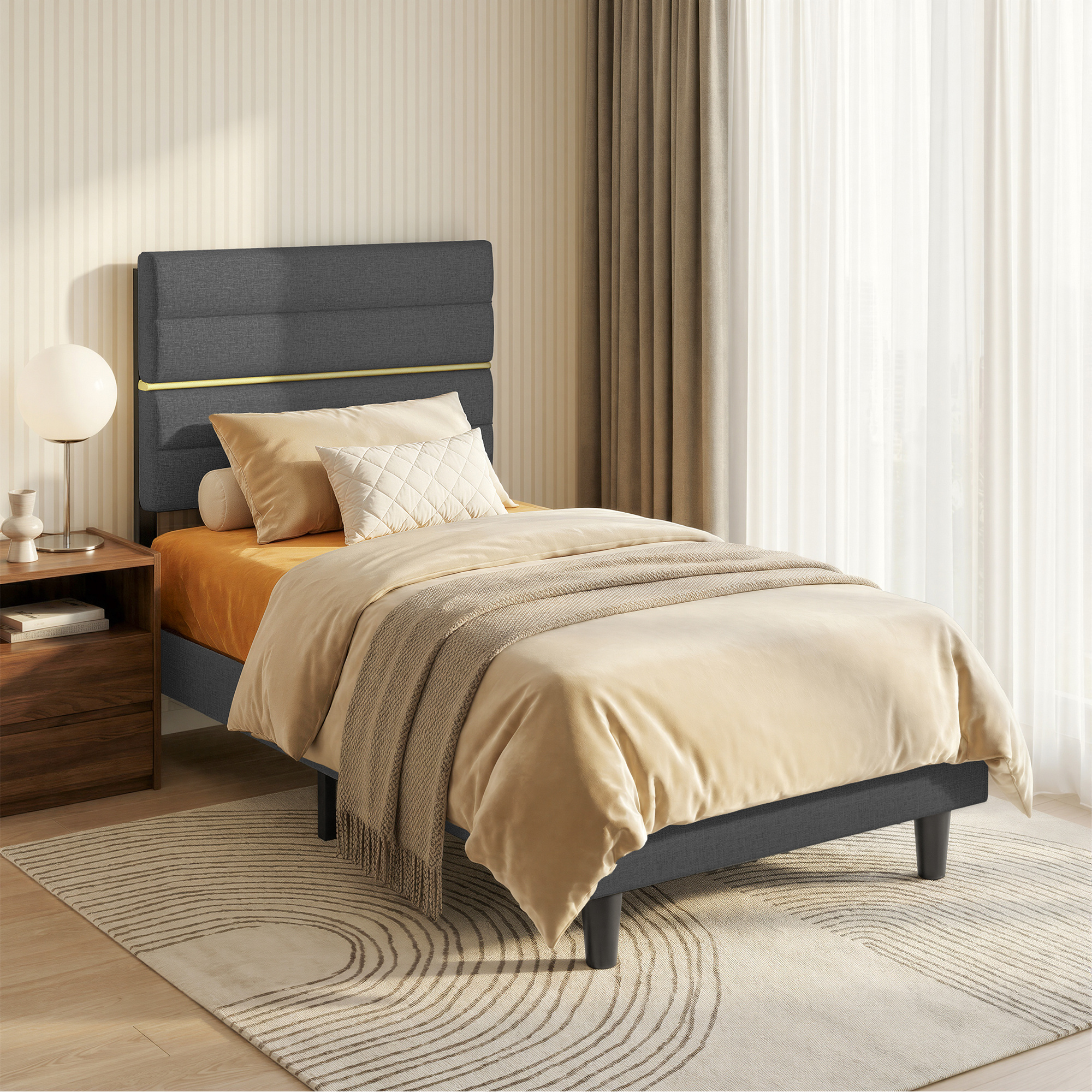 Bed Frame, Single Bed Frame, Suitable For 90 X 200 Cm Mattress, Adjustable Padded Headboard, Modern, Grey