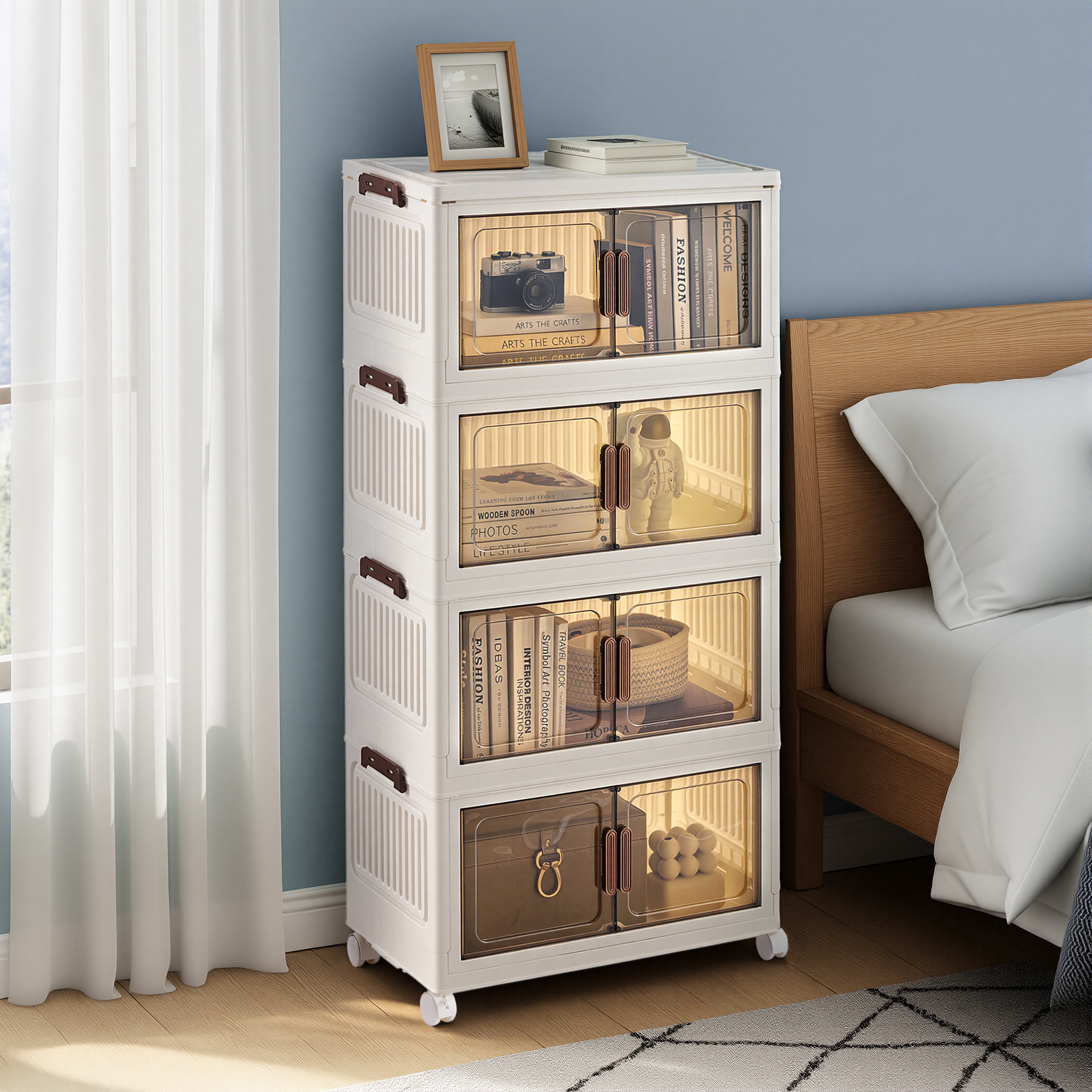 TEMU Boîte pliante en plastique blanc, niveaux, avec roulettes et empilable, double porte magnétique, étagère de rangement à niveaux avec couvercles,