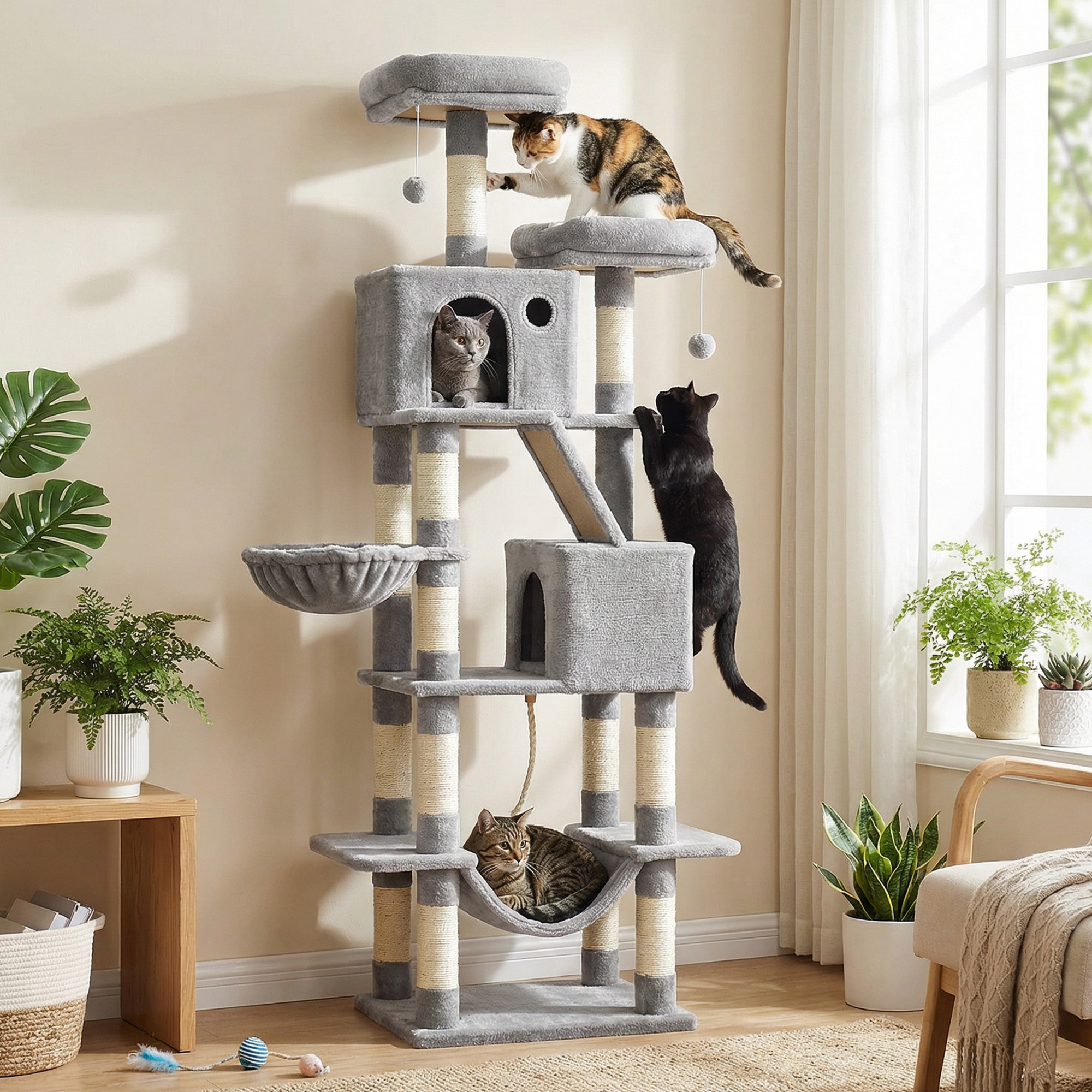 E-shop XXL Katzenklettergerüst 206 cm hoch einem Kippschutz, Kratzbaum Katzenbaum mit 13 Kratzsäulen, 2 Plattformen, 2 , Korb, Hängematte,