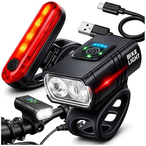 zdjęcie przedmiotu lampka rowerowa przednia i tylna światło led na rower mocna usb zestaw przód tył na kierownicę i sztycę wysoka jasność lepsza widoczność podczas jazdy wiele trybów świecenia stałe i migające ładowanie przez usb długi czas pracy szybki montaż bez narzędzi kompaktowa konstrukcja stabilne mocowanie idealna do roweru miejskiego górskiego i trekkingowego praktyczne oświetlenie na codzienną jazdę i wycieczki rowerowe