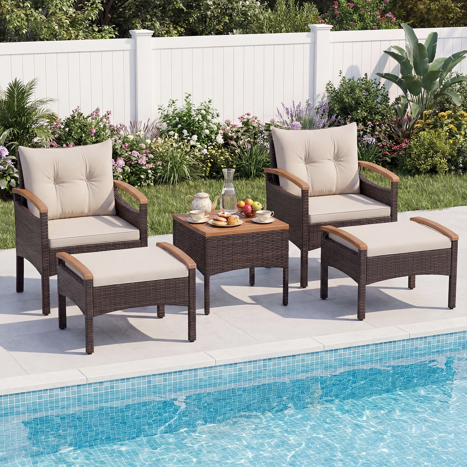 Image of 5pcs Outdoor Furniture Set, 2 Armchairs, 2 Ottomans And Side Table, With Acacia Wood Top,patio