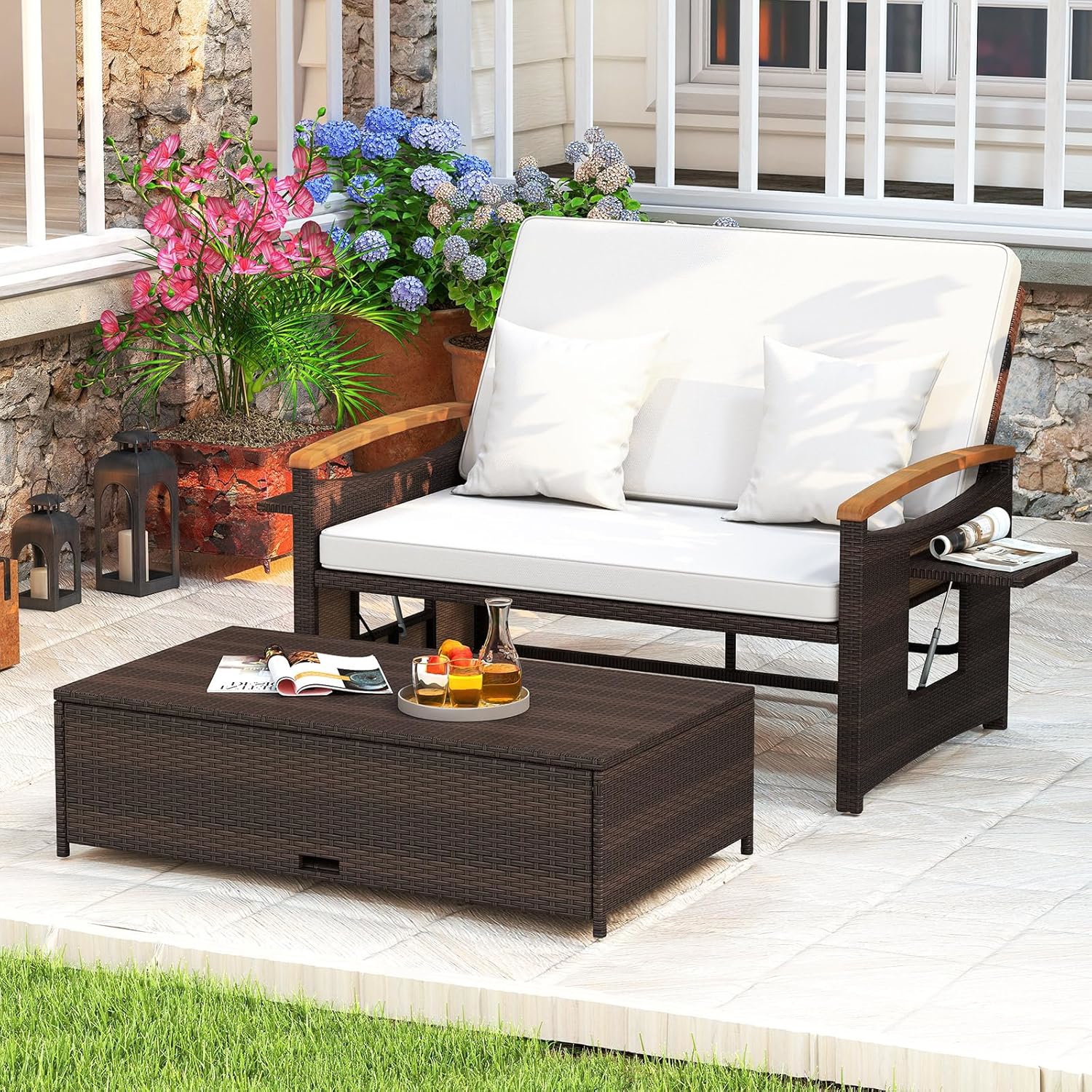 2pcs Patio Daybed Set, Pe Rattan Wicker Loveseat Sofa With Storage Ottoman, Adjustable Backrest, Garden And Poolside