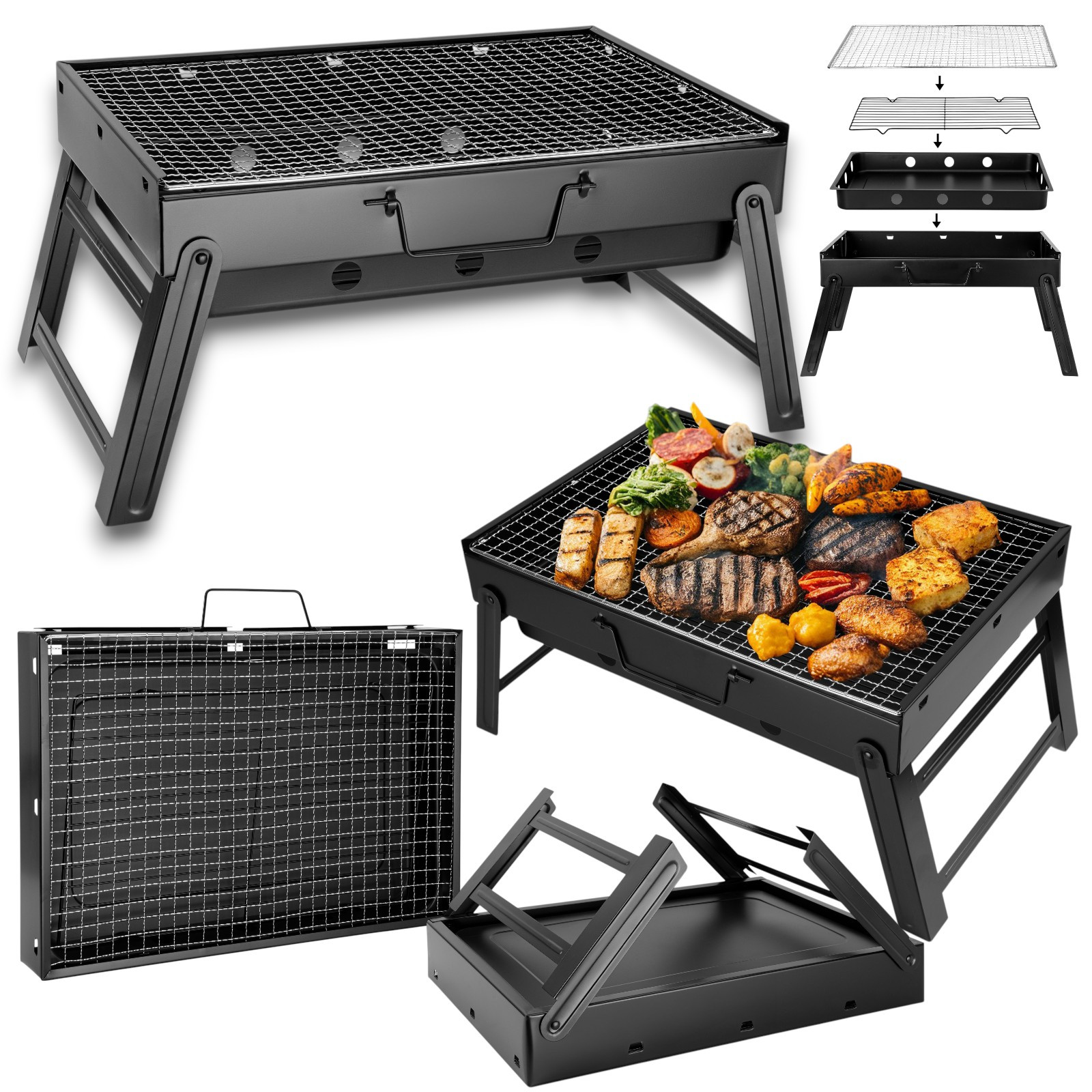 E-shop Klappbarer, tragbarer, leichter Reise-Camping-Grill mit Koffer, großem Grillrost, Edelstahl, inklusive Griff