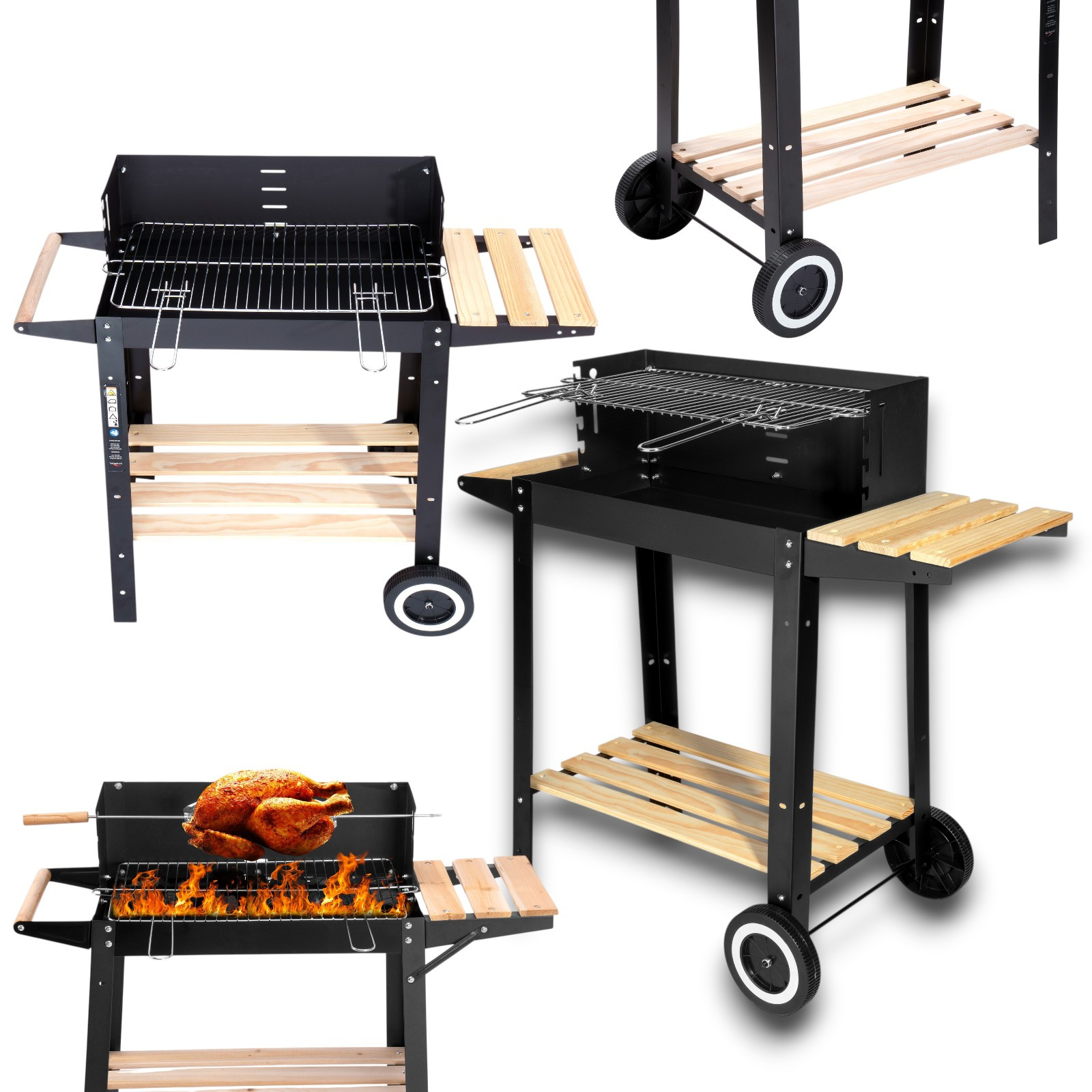 TEMU Parrilla de portátil de jardín con ruedas, equipada con asador, altura de rejilla ajustable, ruedas , estantes de madera, rejilla ajustable, asa