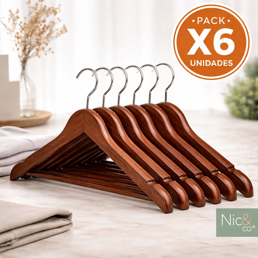 TEMU Nic&Co Pack 6/10 Perchas Madera Premium Extra Resistentes con Gancho 360°, Barra para Pantalones, Muescas para Camisas y Chaquetas.