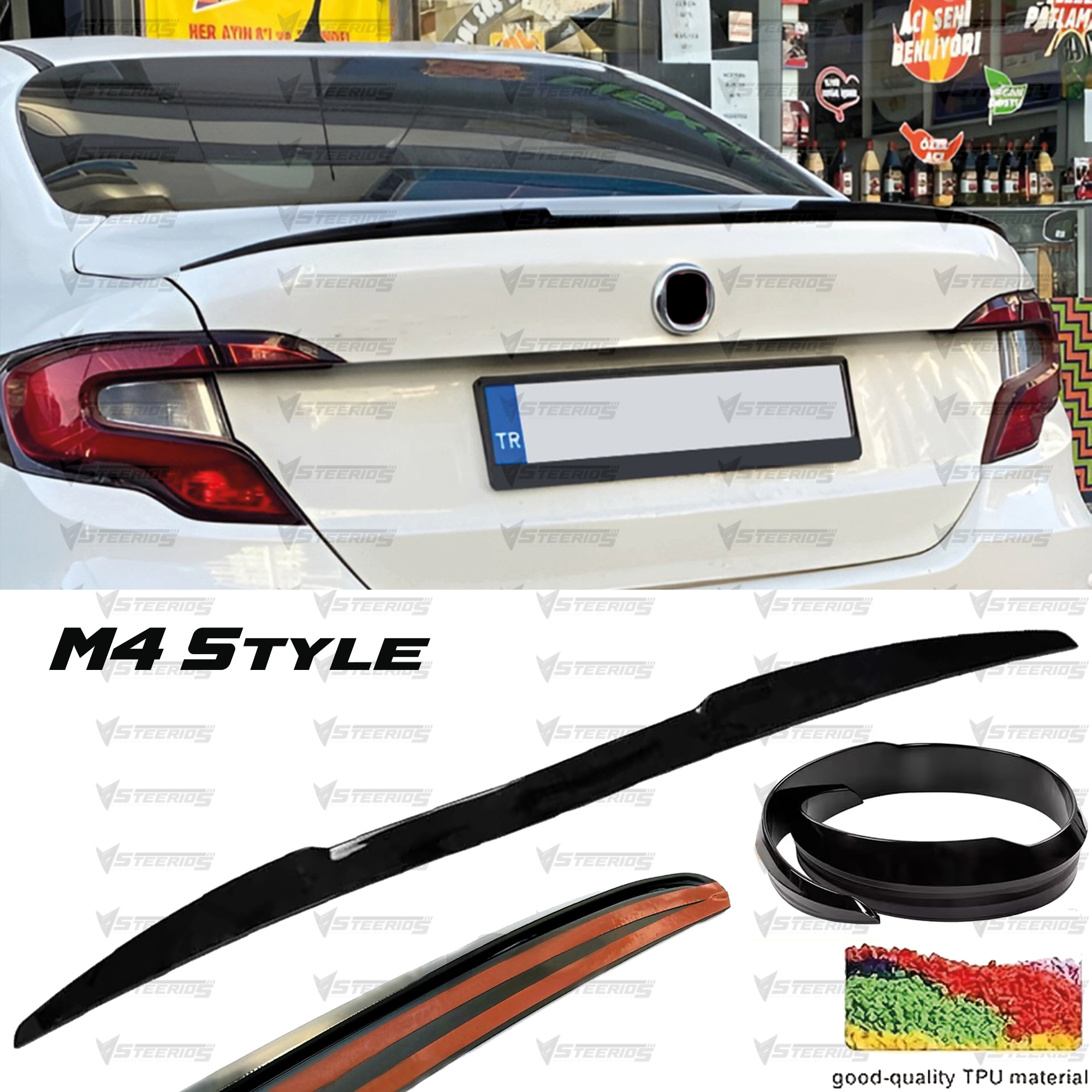 Black Soft Plastic Trunk Spoiler 1.2 M / 47 Inches Modification For Fiat Egea Neon 2015+ M4 Style Rear Wing Without Stamping Fixed Wing Rubber Flexible | Dynamic Design | Highquality Spoiler