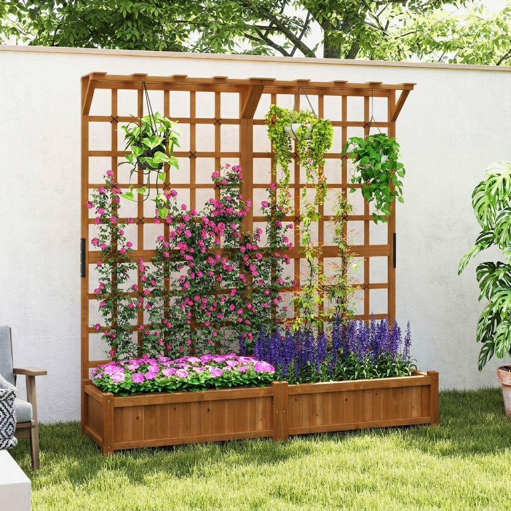 Image of 183cm Tall Large Raised Garden Bed With Lattice Trellis, Hanging Roof, Drainage Holes, Elevated Wooden Planter Box