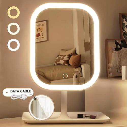 2pcs 1 x led vanity mirror with light 5x magnifying mirror womens accessories usb rechargeable makeup color temperature adjustable brightness portable foldable design desktop mirror suitable for home bedroom travel christmas gifts bathroom accessories clean girl accessories dressing table must have lovers perfect gift for valentines day holidays bedroom mirror modern vanity lightweight mirror