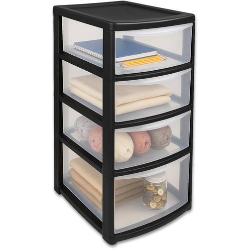 4 tier mini tower storage drawers clear plastic boxes space saving home kitchen office garage organiser lightweight durable multi purpose drawer unit for files tools clothes