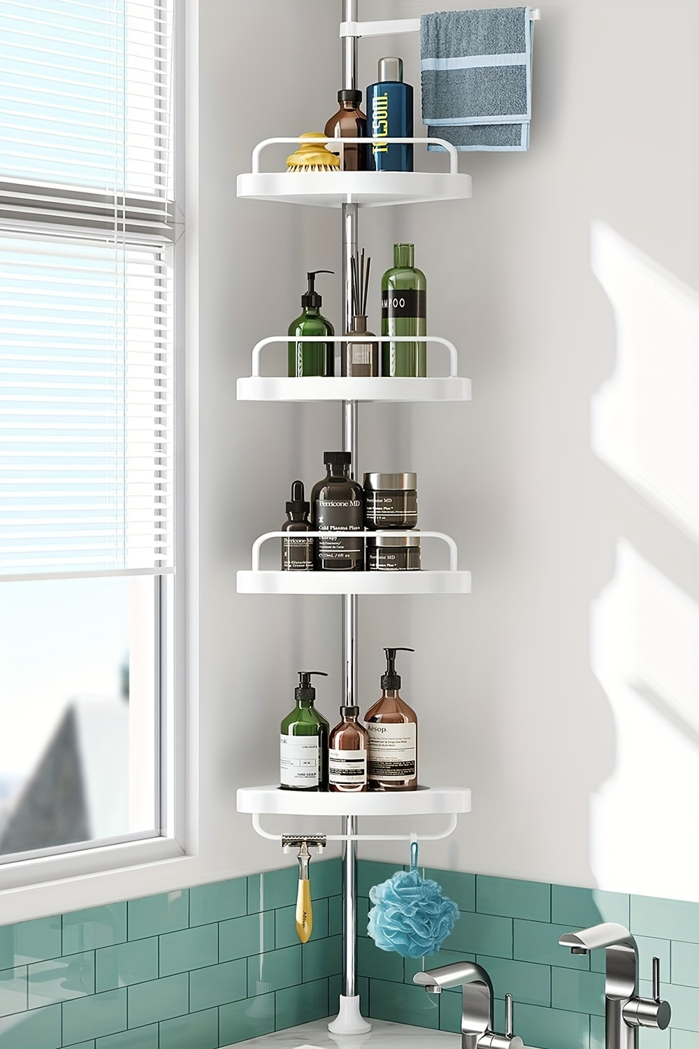 estante de ducha de   de 4 niveles, estante de almacenamiento con barra de tensión resistente al  , altura ajustable de 47.2   cm,   para organizar baños y bañeras Detalles del producto 6