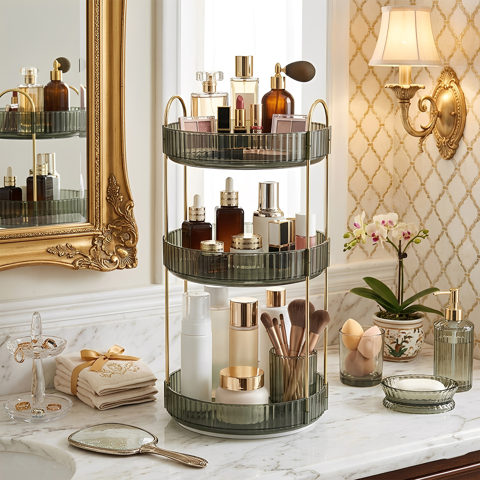 TEMU Countertop Organizer -tier 23x23x47cm, Spinning High-capacity Skincare Storage Tray, Bathroom Cosmetics Perfumes Storage Rack, Suitable For