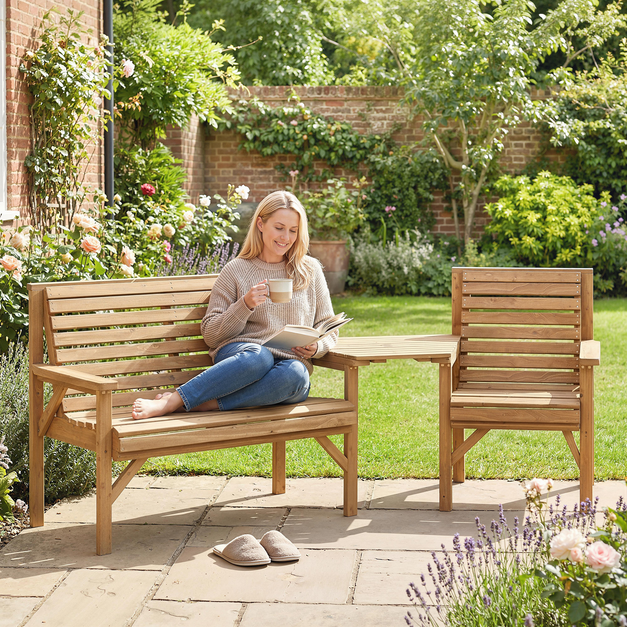 Garden Chairs 3pcs Set, Balcony Furniture Set With Sunshade Hole, Garden Chair, Bench, Removable Table, Patio Chair Seating Group For Balcony, Terrace, Garden, Natural Wood, 121 X 90 Cm