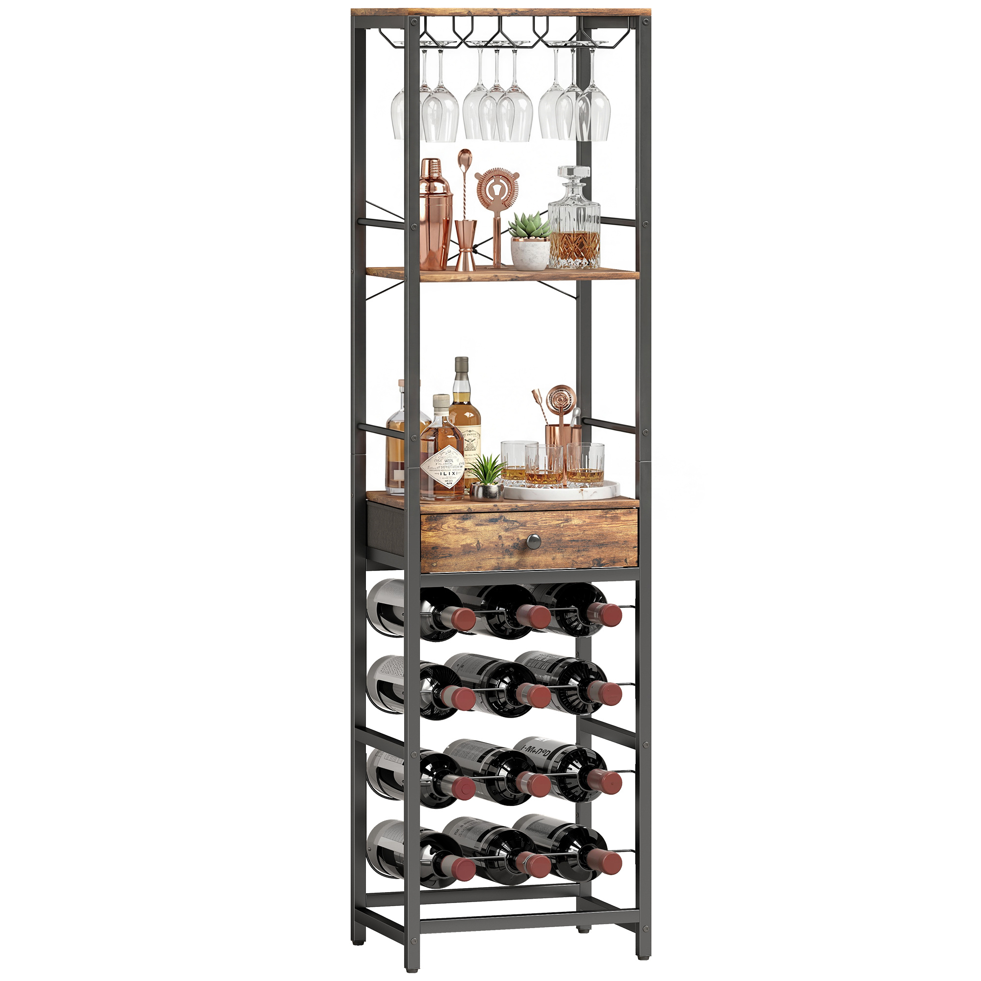 TEMU HOMCOM Mueble de Bar para Vinos con Soporte de Copas y Cajón, Botellero Botellas, con Estante Abierto, Estilo Industrial, para Cocina, Comedor,