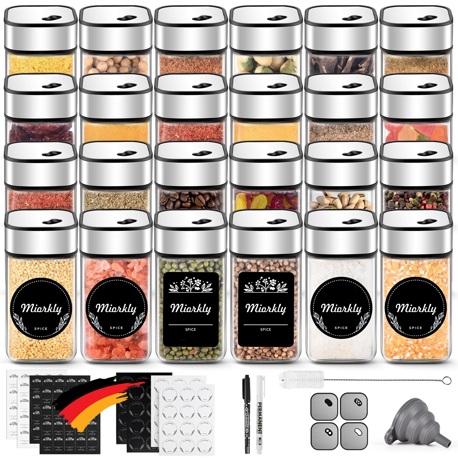 Spice Jars With Unique, Tightly Sealing Stainless Steel Twist Lids, 120 Ml Glass Spice Containers With Funnel, Label Paper, And Wipeable Markers