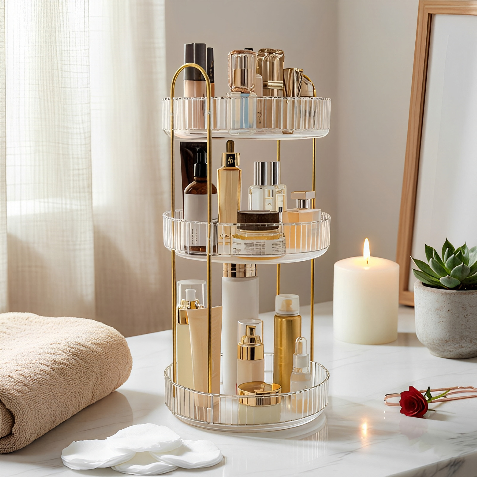 TEMU Bedroom Rotating Storage Rack 3-tier Clear, 360° Rotating Design High-capacity, Skincare Cosmetic Organizer, Vanity Bathroom Countertop Storage