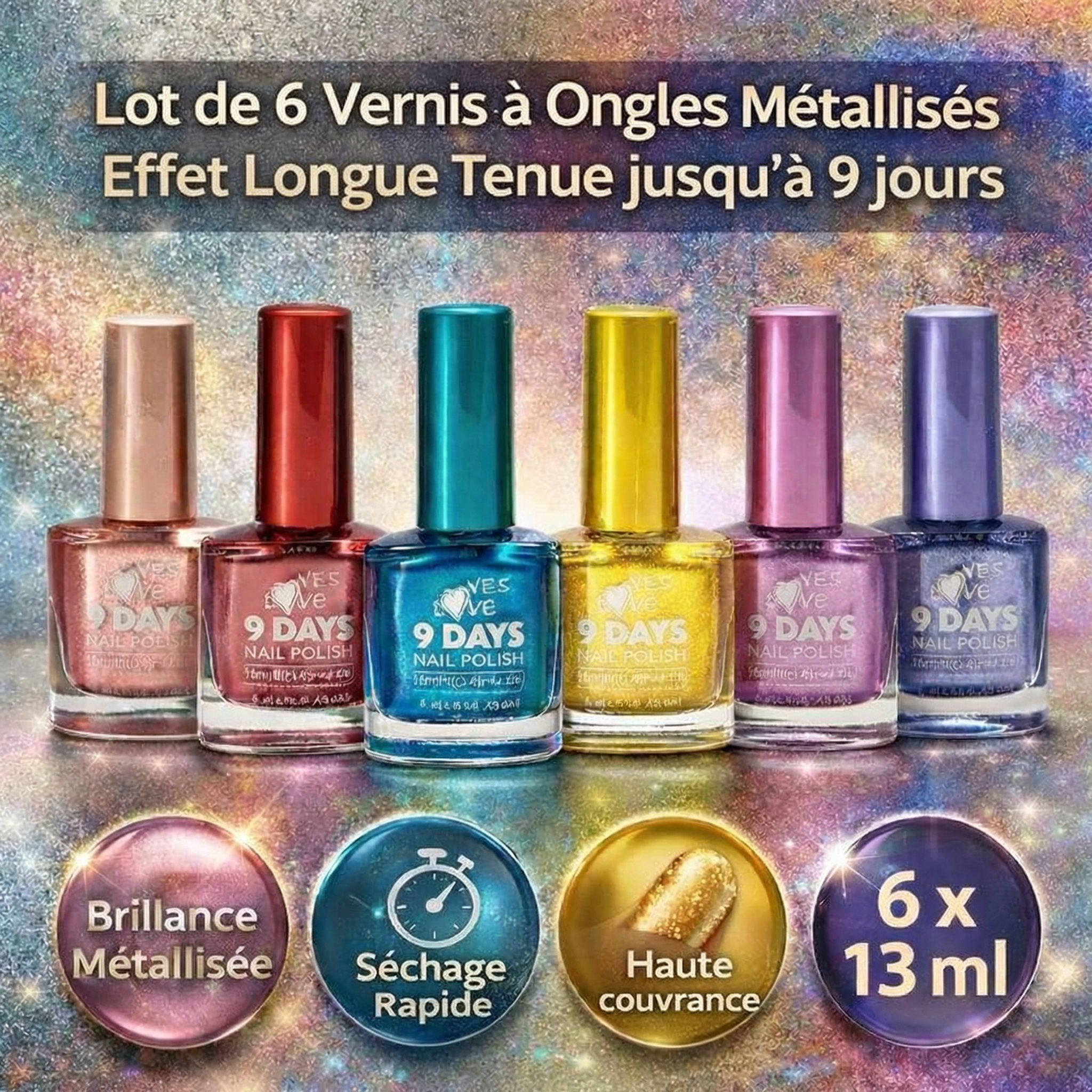 Set Of 6 Metallic Nail Polishes – Long-lasting – Shine – Quick Drying – Modern And Classic Trendy Colors – High Coverage