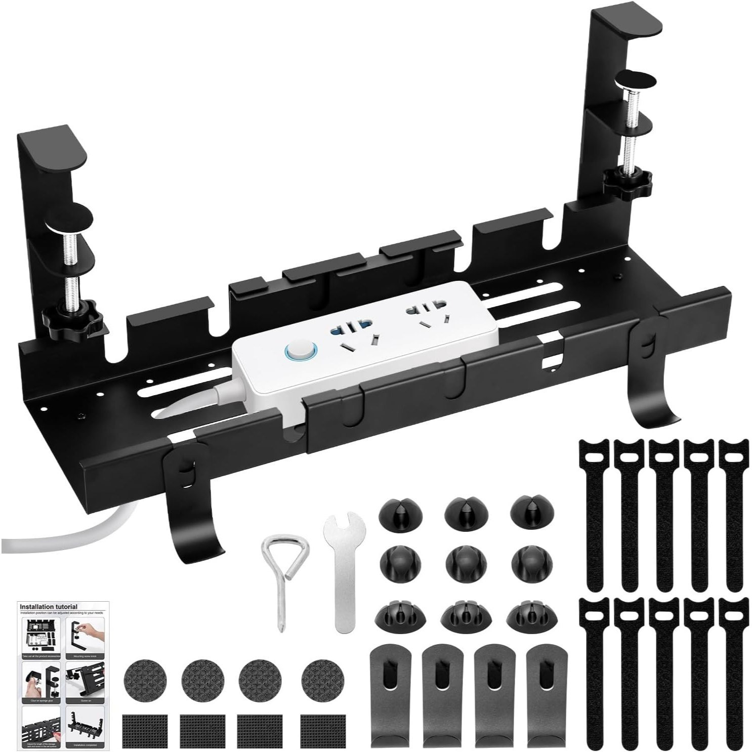 Image of Cable Duct Desk, No Drilling, Retractable 30.5-55 Cm Cable Management Desk, Adjustable Metal Cable Holder, Cable Organiser, Desk Cable Duct, Black, With Cable Management Accessories