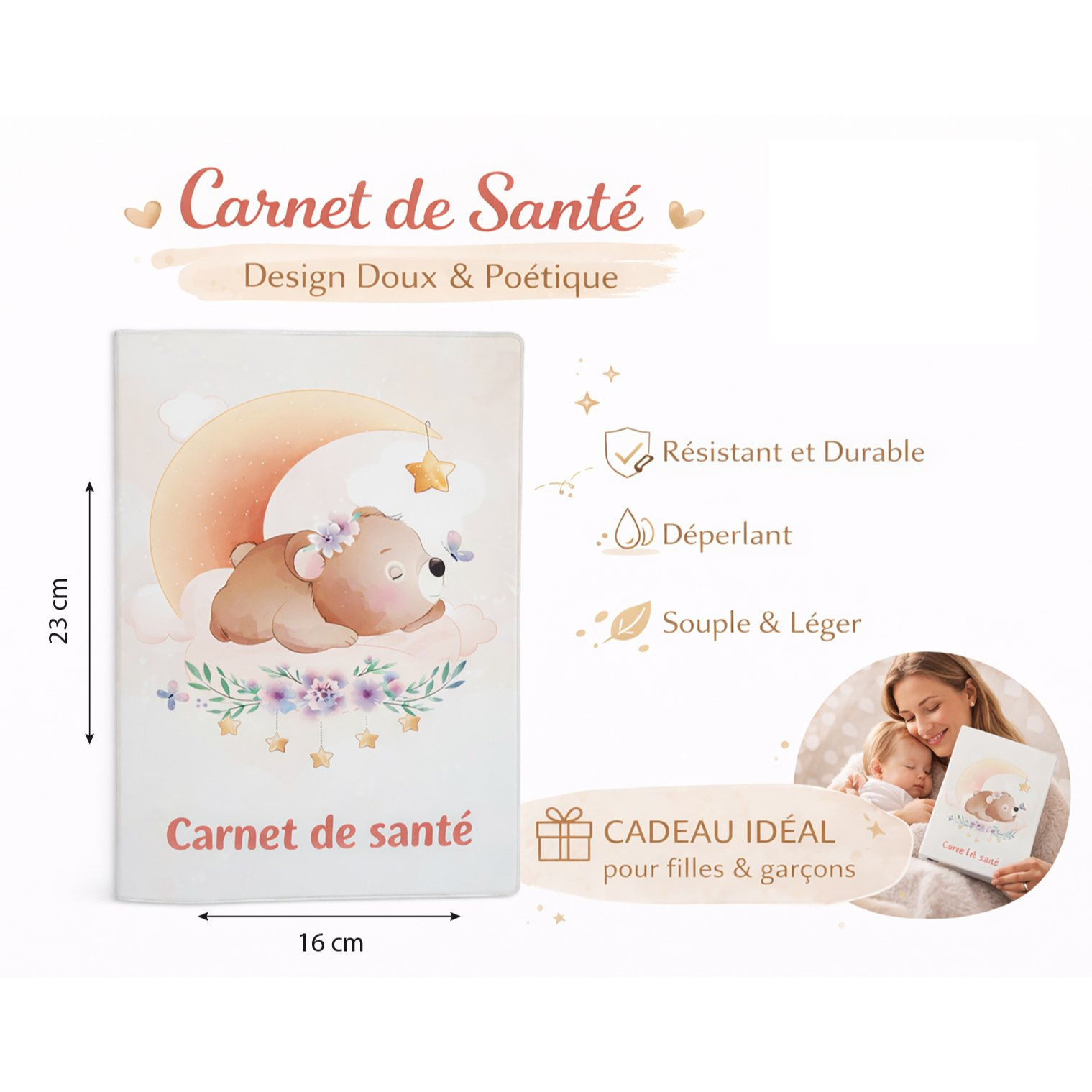 TEMU Protège Carnet de Santé Enfant - Gomme Expansée - Souple, & Imperméable - Étui Carnet Bébé Fille ou Garçon - Cadeau - Modèle ourson rose
