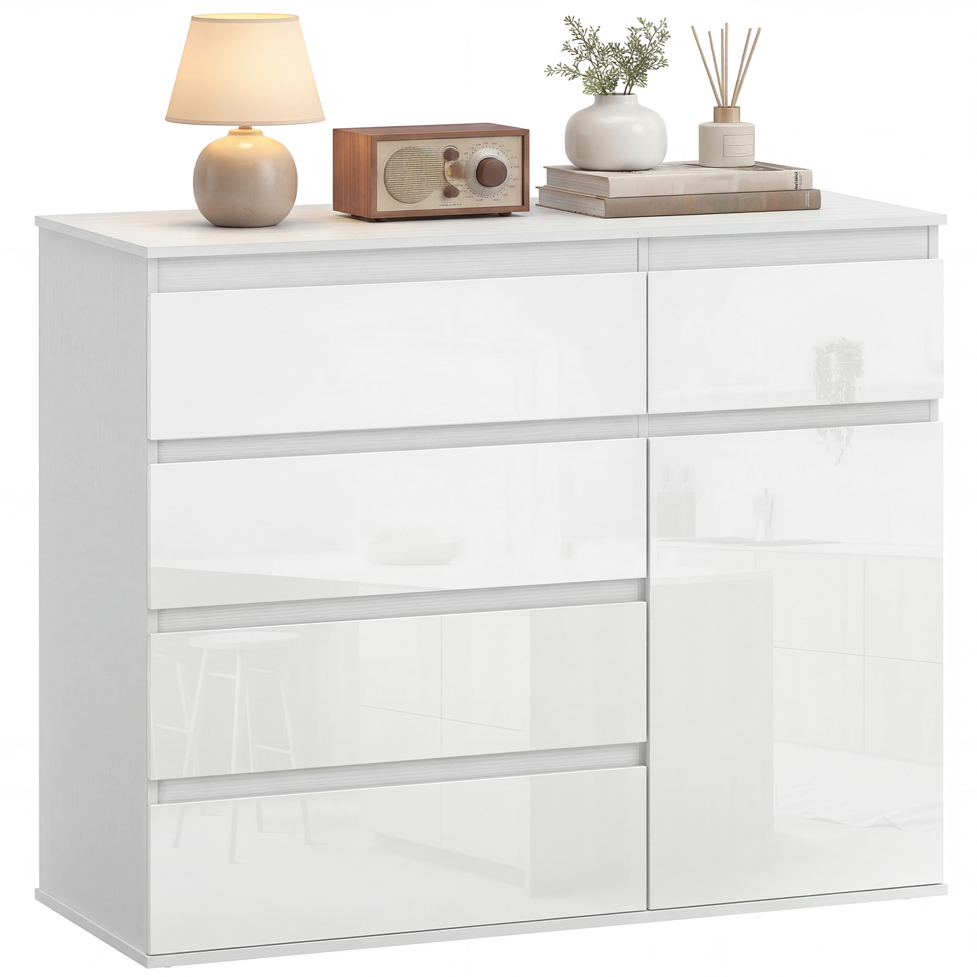 TEMU Cómoda con 5 Cajones, Cajonera para Dormitorio con Estantes Ajustables, Puerta de Cierre , Aparador para Cocina, Entrada, Salón, , 100x40x80 cm